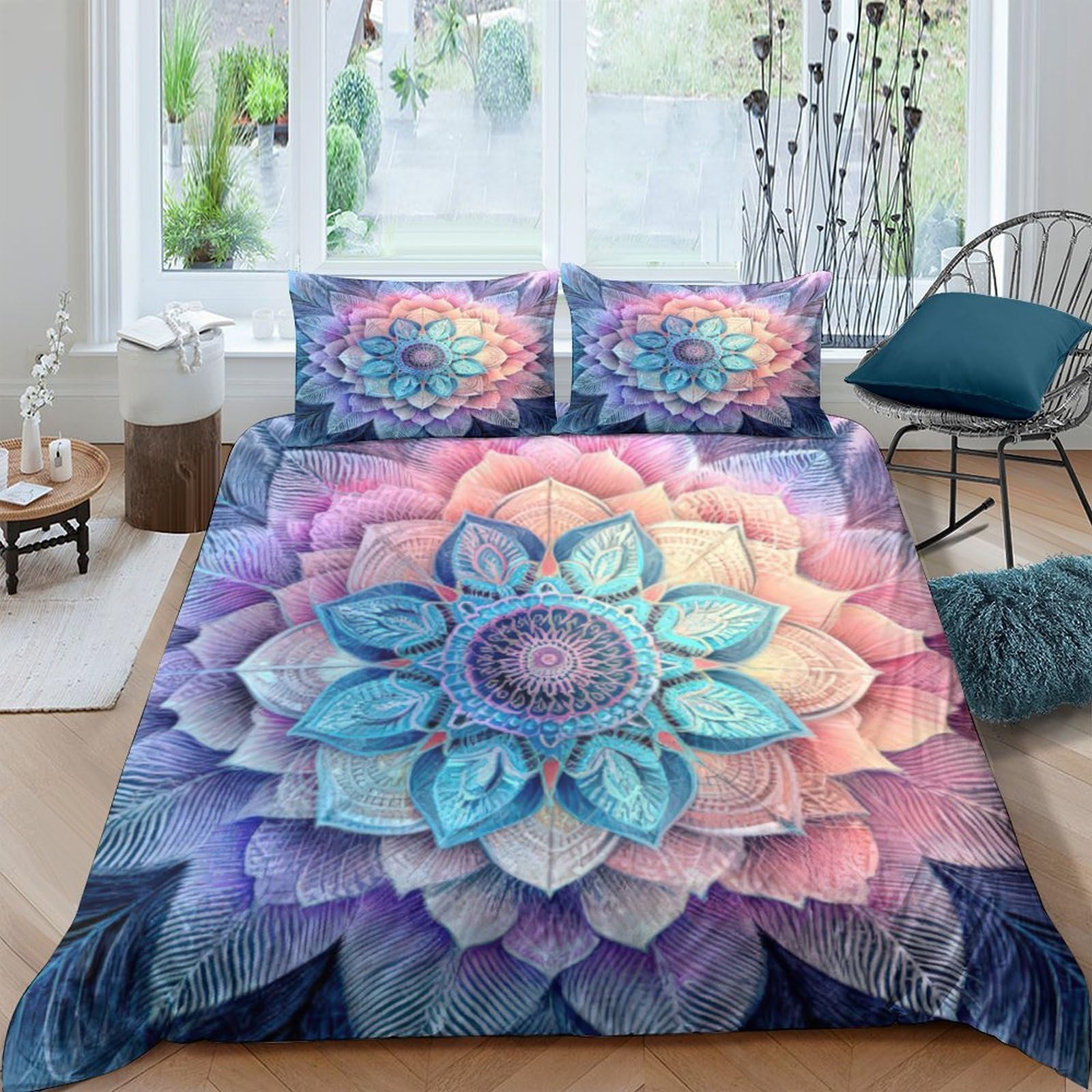 Ctjqhvkz Style-10 3D Printed Mandala Flower Fitted Sheet Microfiber Pastel Gradient Bed Cover Non-Slip Washable Art Decor Bedroom Single（135X200cm）