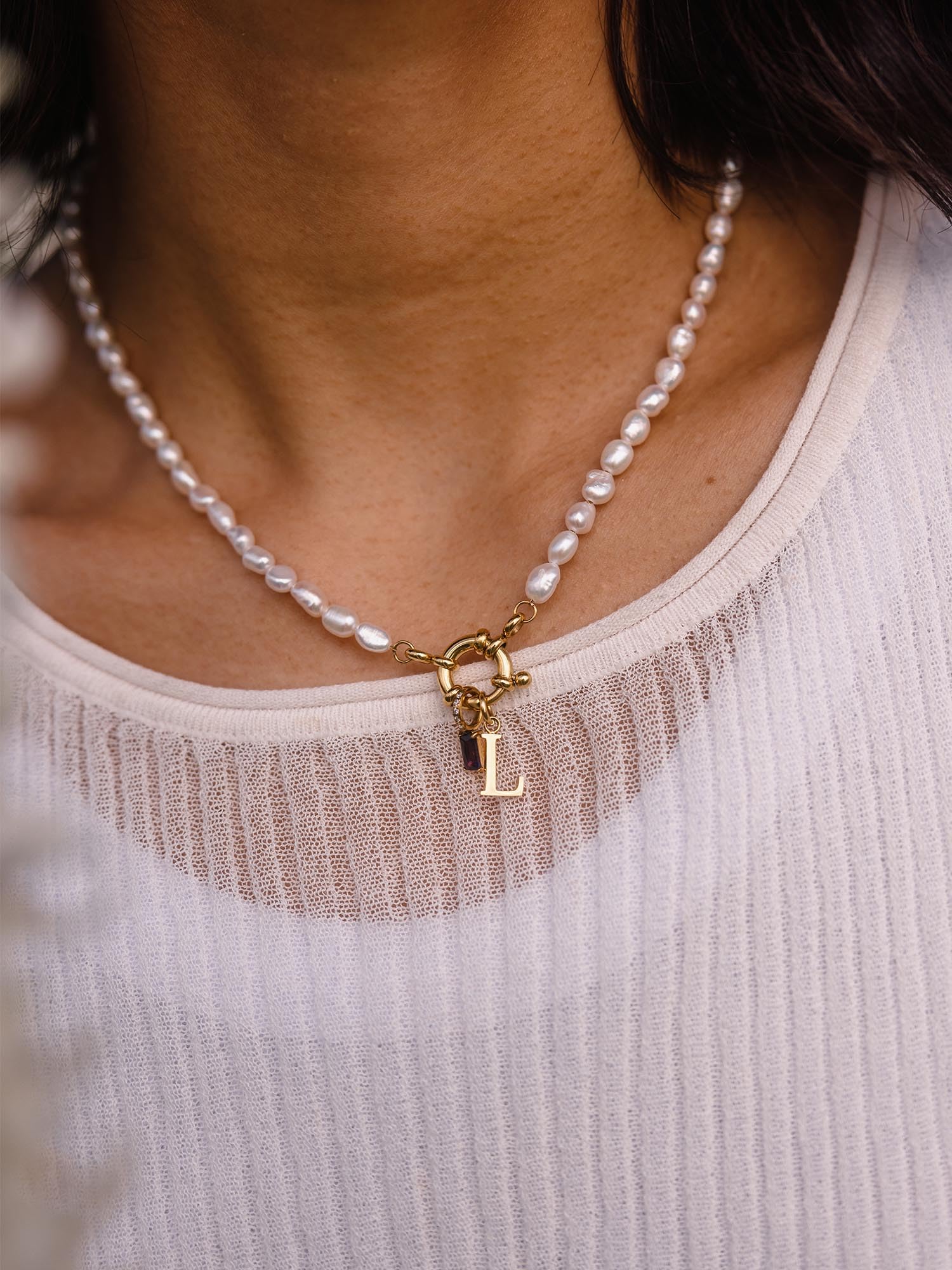 Purelei® Collar de perlas de agua dulce con ojal de acero inoxidable chapado en oro de 18 quilates, plata, oro rosa