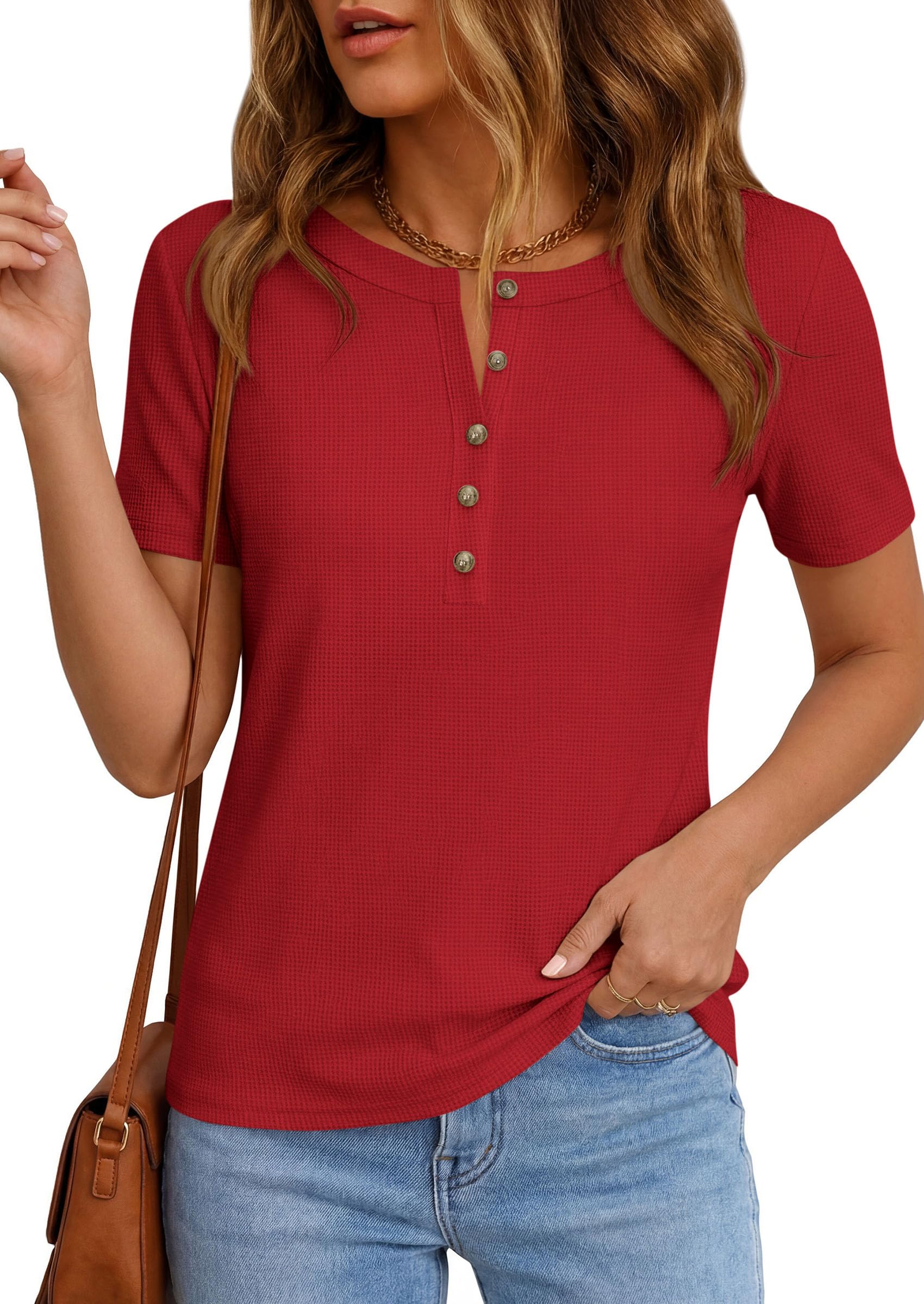 PRETTYGARDEN Waffle Knit Tops for Women Short Sleeve Henley Shirts 2026 Summer Blouses Dressy Casual Spring Fashion Clothes — view 6