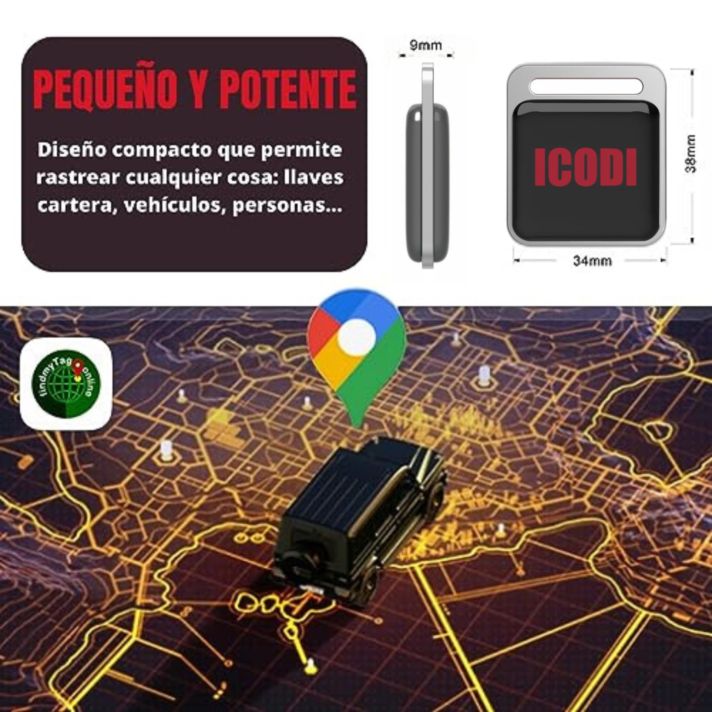 ICODI Localizador GPS para Coche sin Tarjeta SIM sin Límite de Distancia sin Suscripción, 1 Año de Batería, Android e iOS, Google MAPS Integrado Rastreador Bluetooth Moto,Niños,Ancianos y Objetos