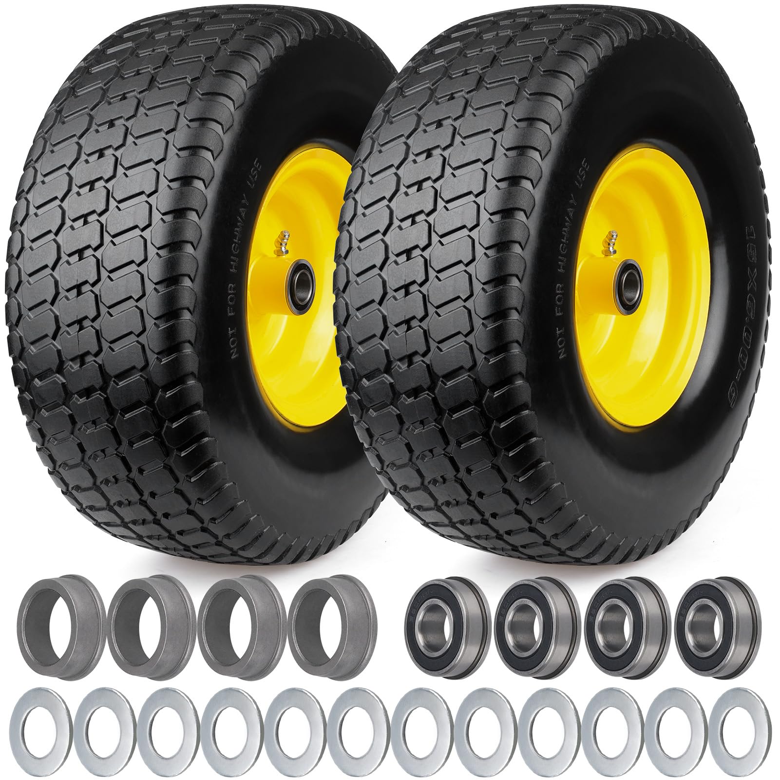 View 1 of 15x6.00-6 Flat Free Lawn Mower Tire and Wheel,Replacement Lawn Mower Front Tires,Compatible with John Deere/Cub Cadet Riding Mowers/Craftsman/Ariens,with 3/4" & 5/8" Bearings, 3" Centered Hub,2 Pcs