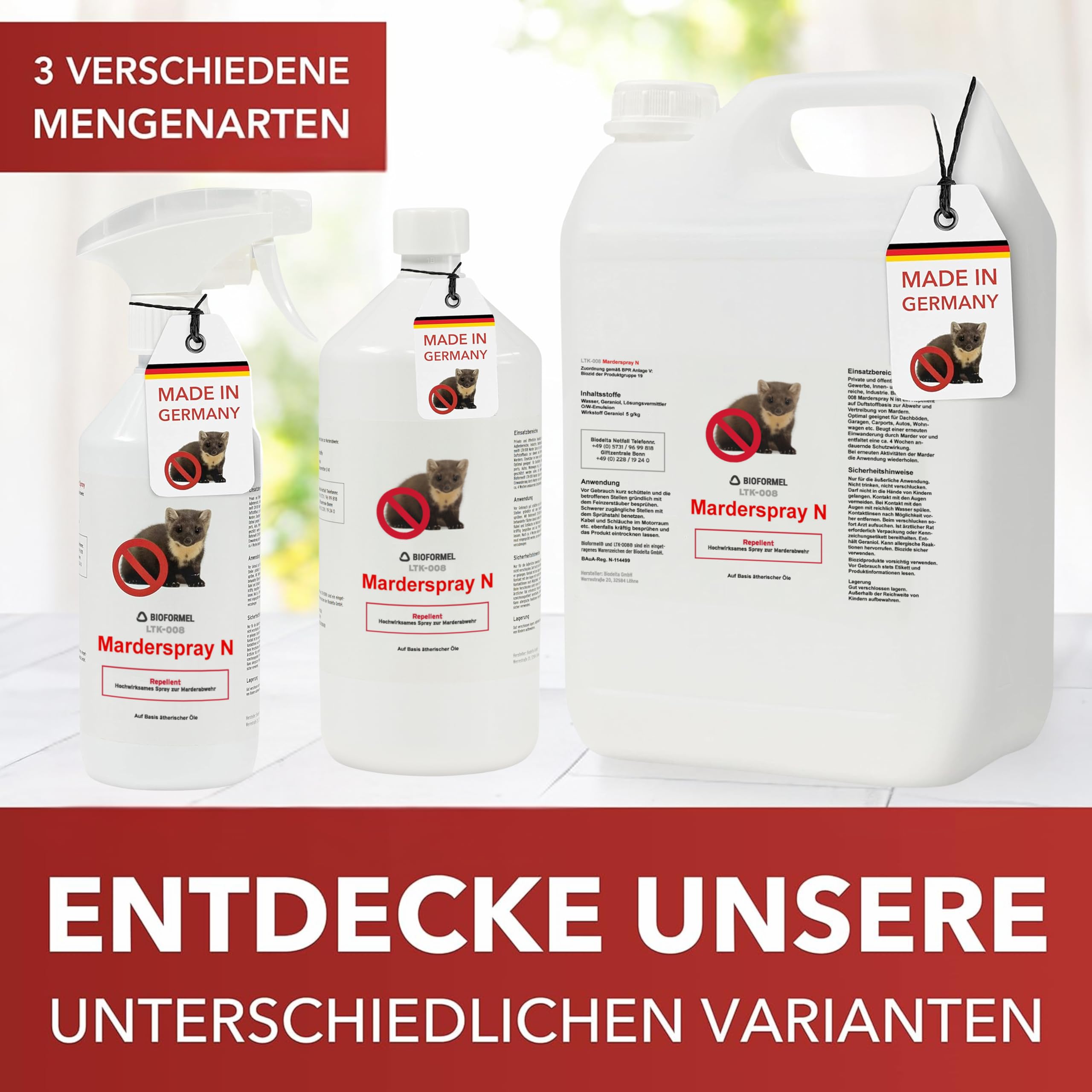 BIODELTA LTK-008 Anti Marder Spray 5 L - Marderschreck - Marderabwehr mit Langzeitwirkung - Marderschutz - Vertreibt Marder ohne zu schaden - Blumenduft- fleckenfrei