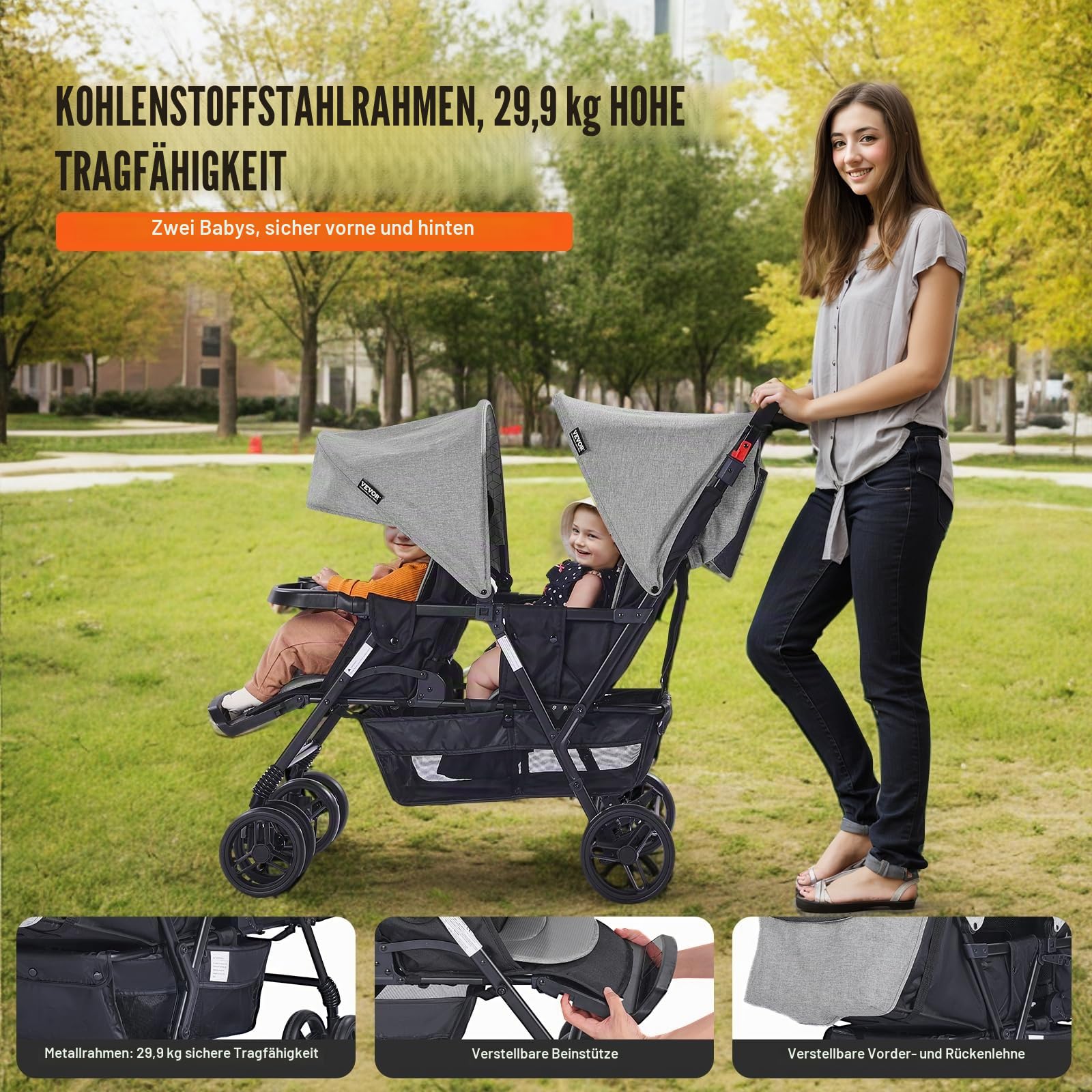VEVOR Geschwisterwage, faltbarer, Zwillingskinderwagen mit Tandemsitz, verstellbarer Rückenlehne/Fußstütze, Sicherheitsgurt, Aufbewahrungskorb und Tablett, für Neugeborene und Kleinkinder (dunkelgrau)