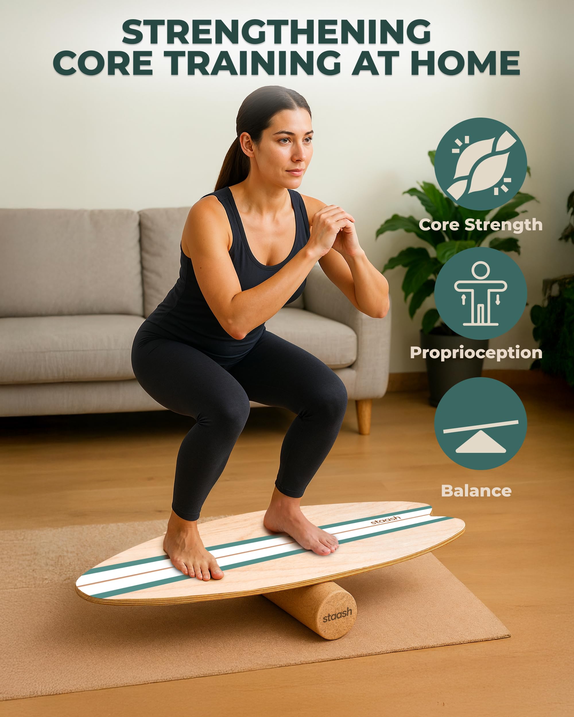 STAASH® Pro Balance Board – Tavola Propriocettiva con Rullo, Tappetino e Accessori + Video | Kit 5in1 per Fitness, Yoga, Riabilitazione (Starter o Full Kit) (Kit iniziale Verde)