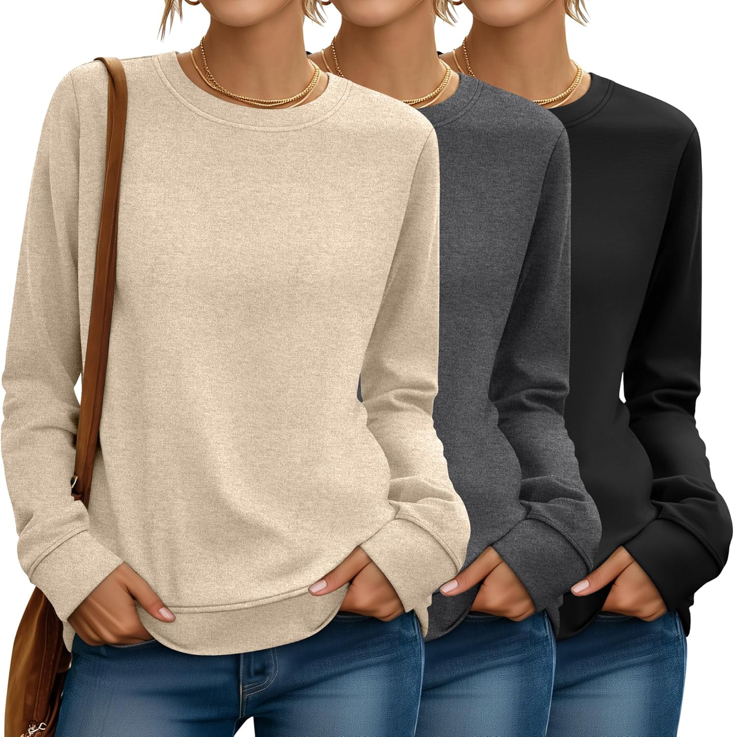 Riyiper 3 Pack Women's Long Sleeve Sweatshirts, Crew Neck Pullover Shirts Loose Casual Lightweight Fall Tops 2026 Trendy