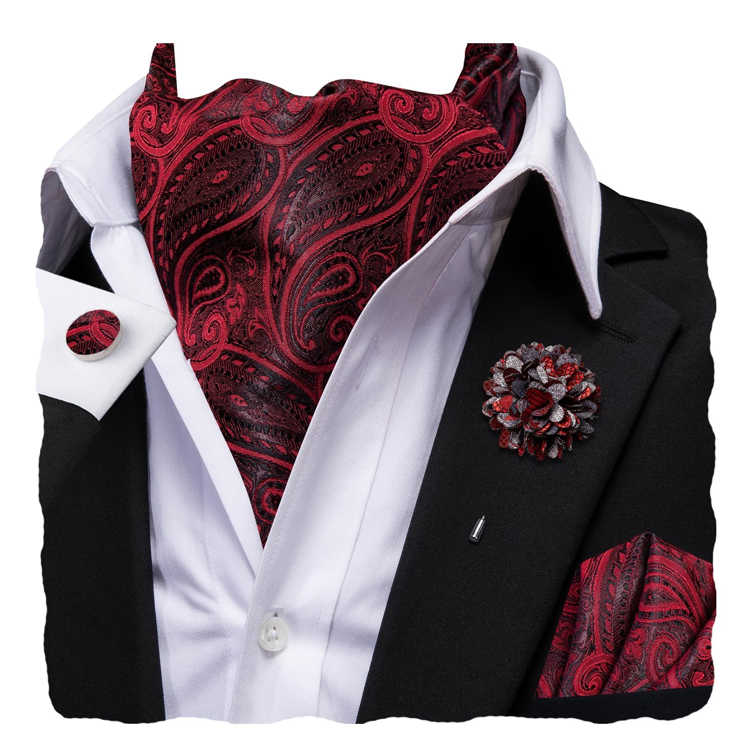 Hi-Tie Silk Ascot for Men Self Tie Men's Cravat and Flower Lapel Pin Handkerchief Cufflinks Set for Wedding Party