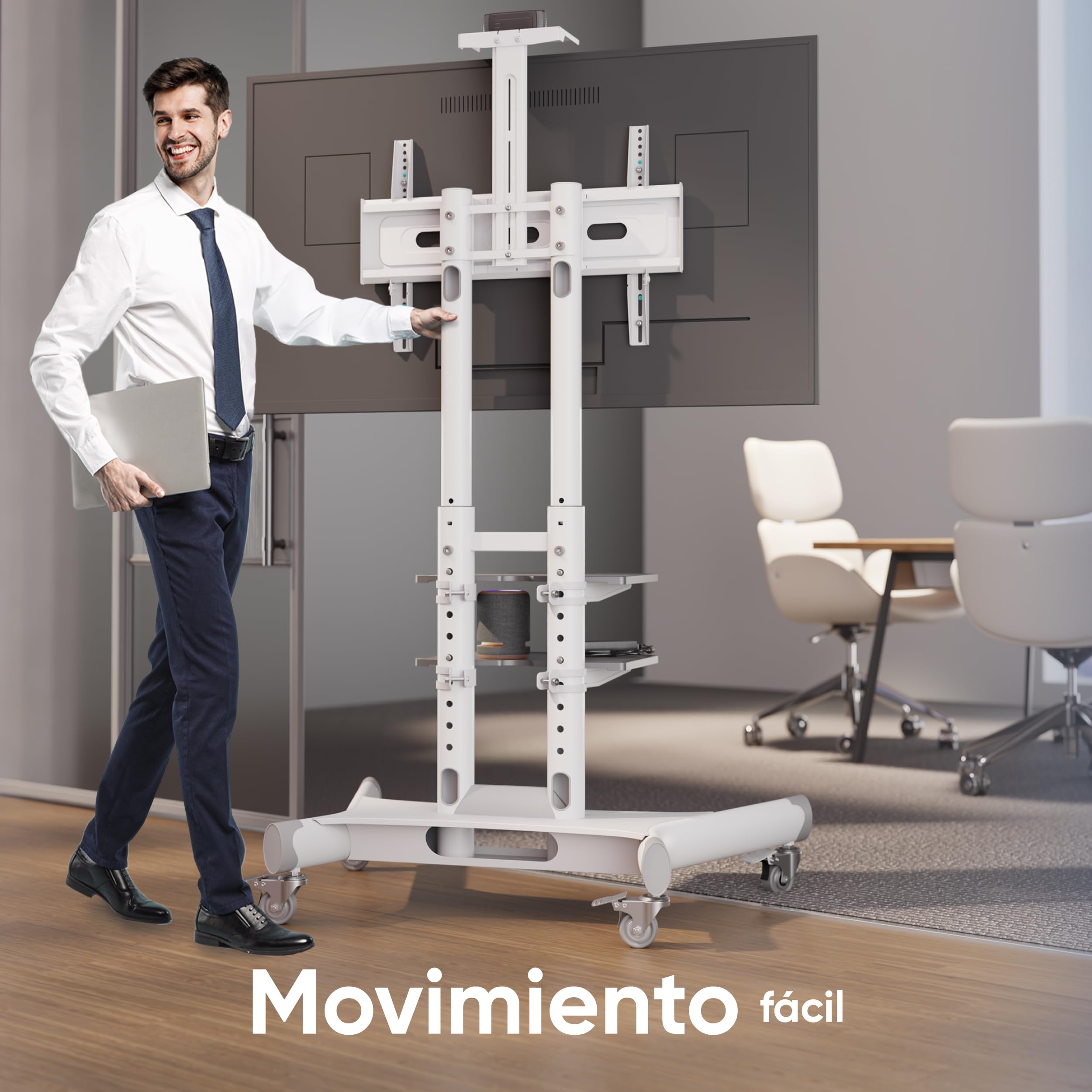 ONKRON Soporte TV Ruedas 40-70 Pulgadas, Carga Total 60.5 kg, VESA 100x100-600x400 mm, Soporte TV Pie Altura Ajustable con 2 Estantes, Pie Television Móvil con Ruedas Bloqueables, Blanco TS1552-W