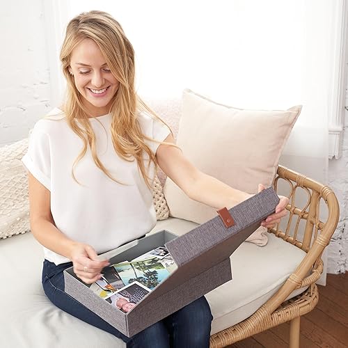 Miniatura 6 de ZICOTO Caja decorativa de almacenamiento de fotos con tapa, un hermoso organizador de lino perfecto para almacenar de forma segura tus fotos,