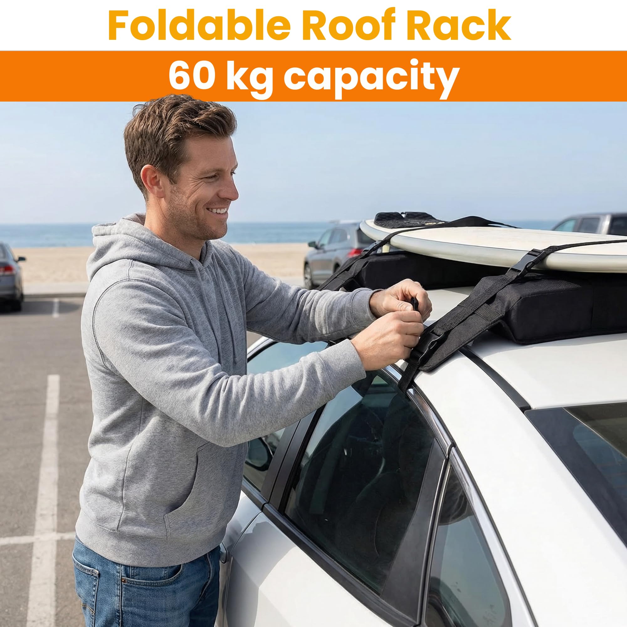 Barras de Techo Suaves Universales para Coche, Baca Portaequipajes Acolchada Plegable con Correas y Ganchos para Kayak, Surf, Esquís y Equipaje