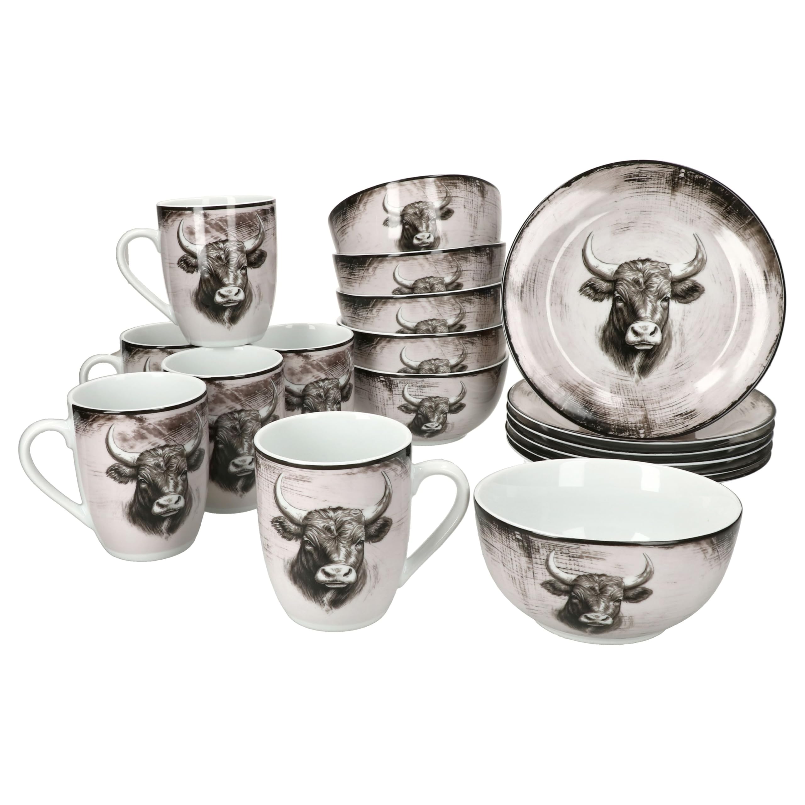 MamboCat Toro 18tlg Frühstücksset I Porzellan-Geschirr mit Kuhmotiv für 6 Personen I je 6x Kaffeebecher 280 ml, Frühstücksteller & Müslischalen I rosa-cremefarbener Landhaus-Stil