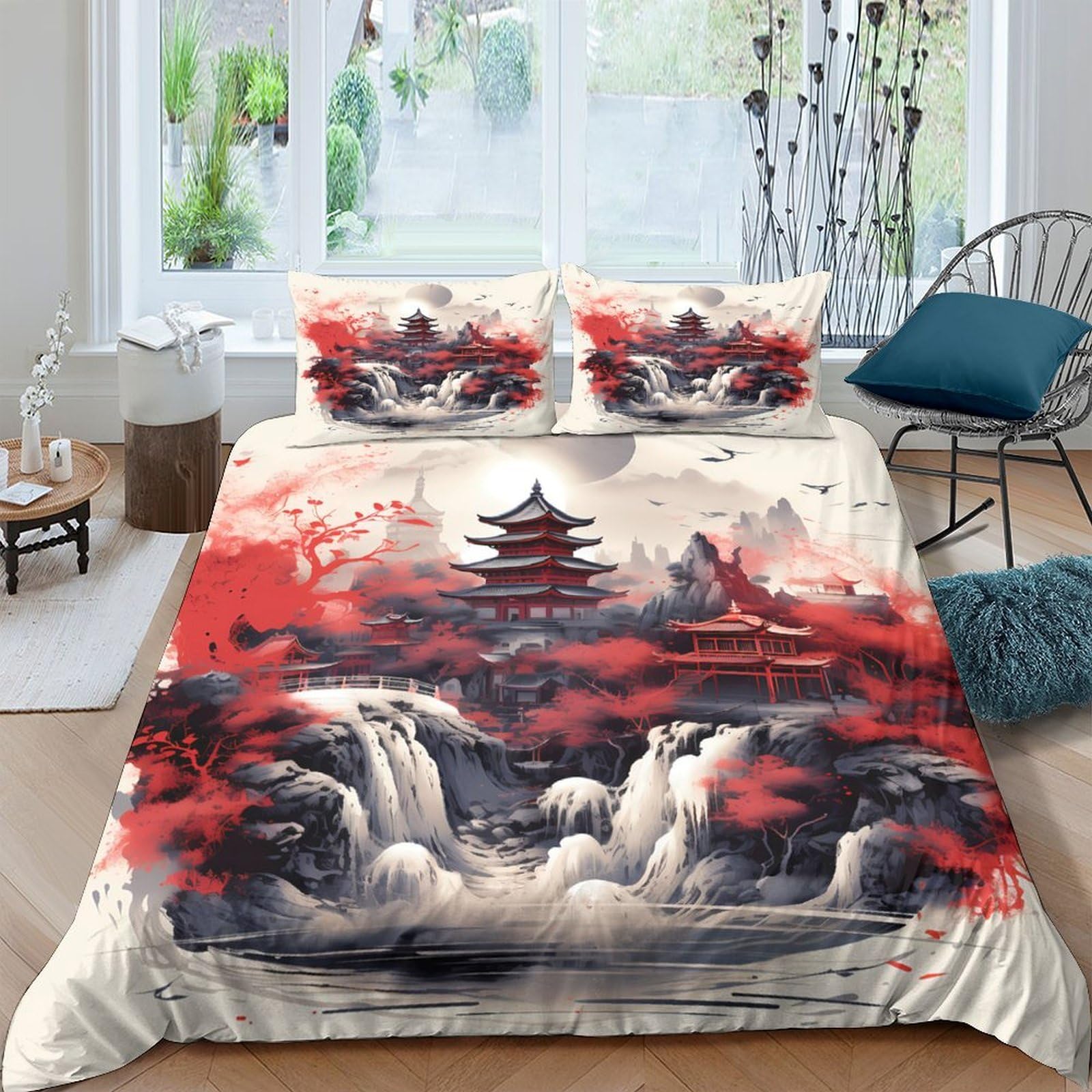 Ctjqhvkz Style-4 3D Printed Red Japanese Pagoda Fitted Sheet Microfiber Bedroom Waterfall Bed Cover For Home Dorm Mattress Decor Single（135X200cm）