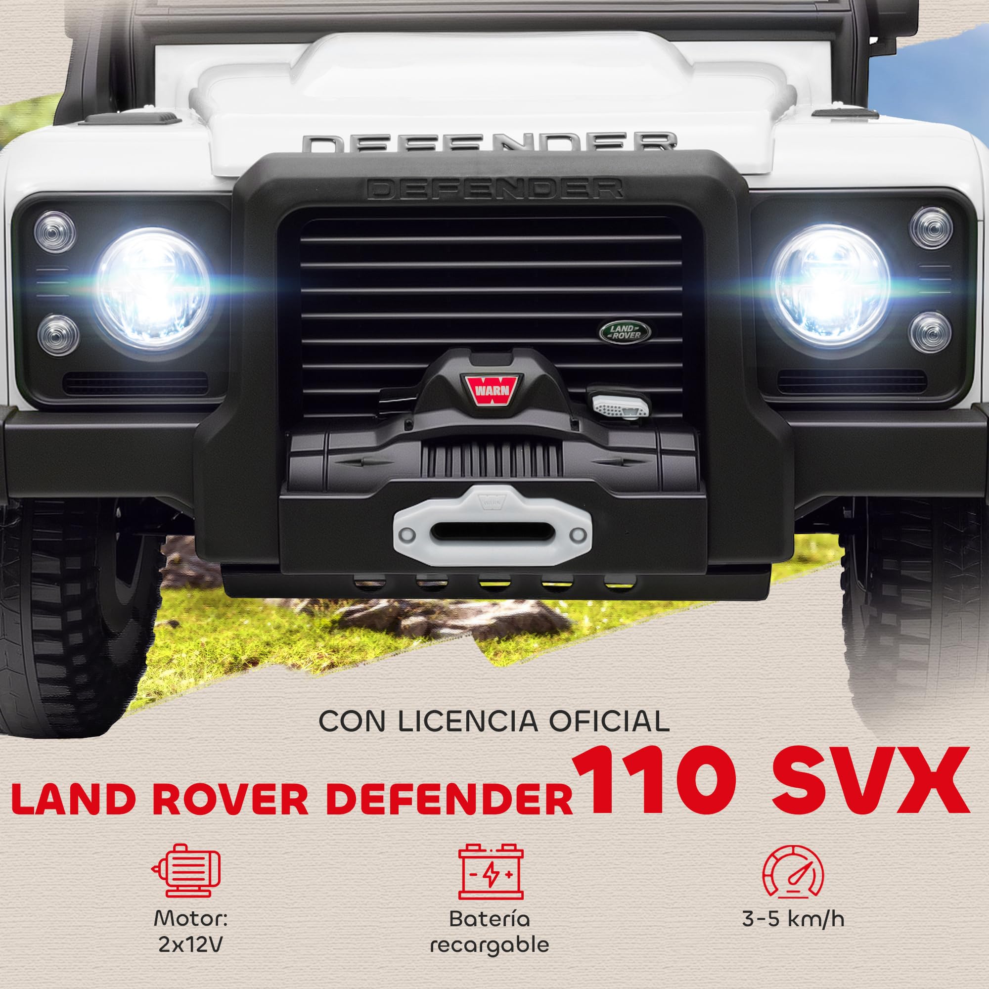 AIYAPLAY Coche Eléctrico para Niños con Licencia Land Rover 12V Coche de Batería para Niños con Control Remoto Sistema de Suspensión USB MP3 Velocidad Ajustable Faros Blanco