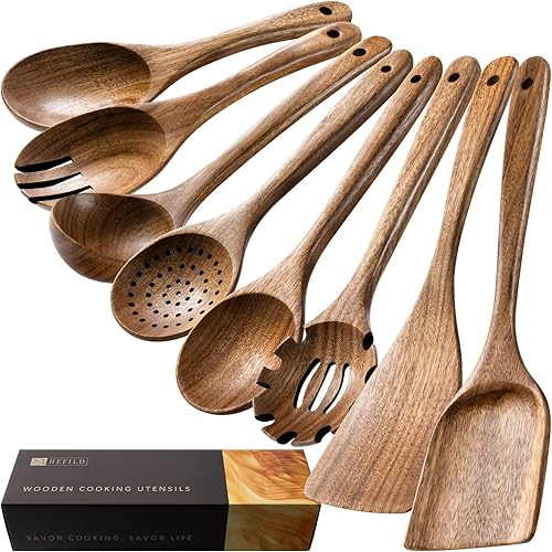 Miniatura 6 de cucharas de madera para cocinar, juego de utensilios de cocina antiadherentes con 6 piezas de espátulas y cucharas de madera de acacia para cocinar,
