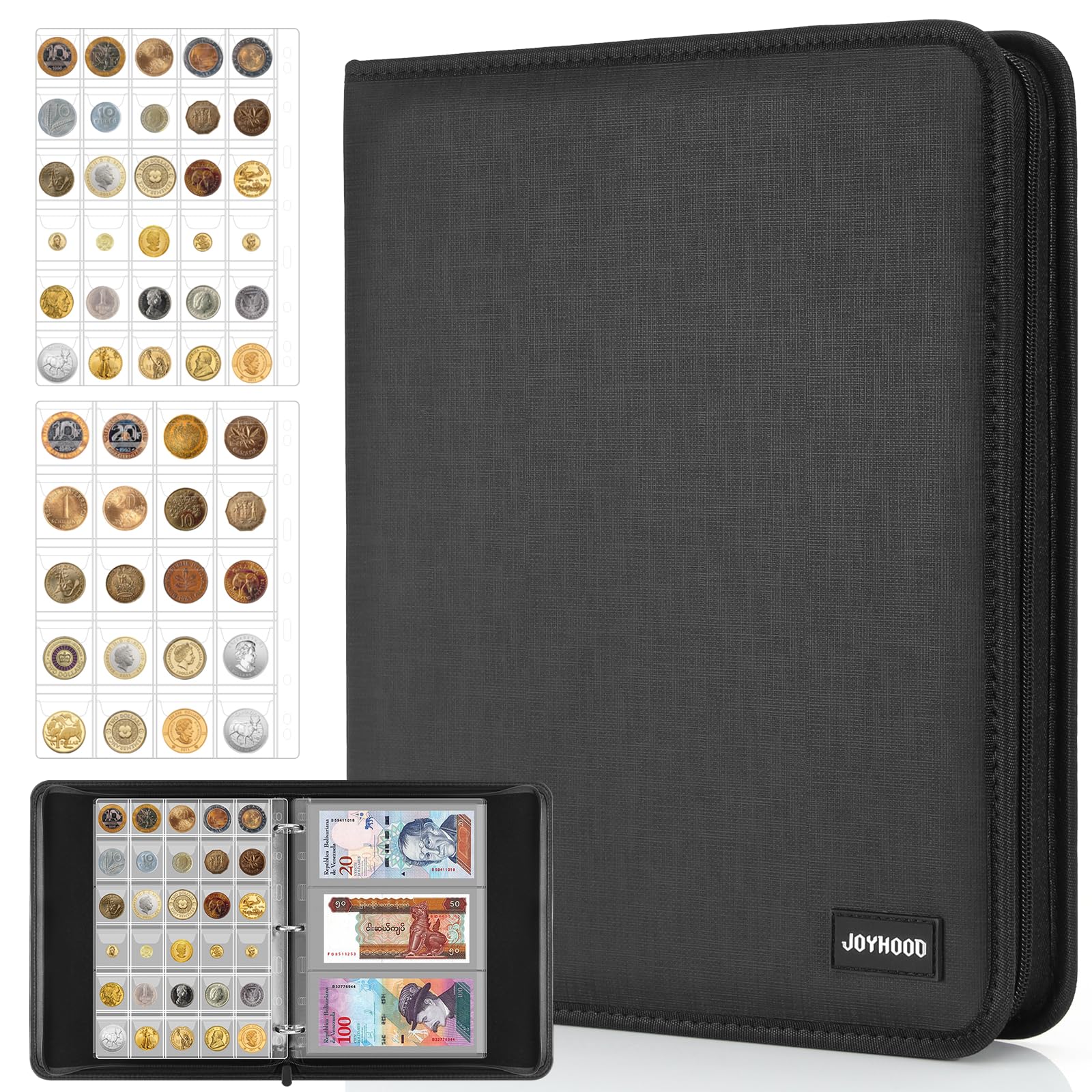 JoyHood Porte-monnaie pour collection de pièces de monnaie pour 400 pochettes + 15 poches pour billets de banque