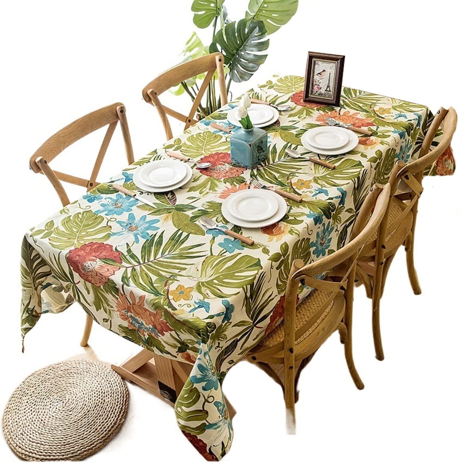 JINGYAN Tablecloths Rectangle Table Cloth Cotton Material Green Leaves Design Dustproof Use For Home Outside Party Tablecloth(1pc 140x200cm)