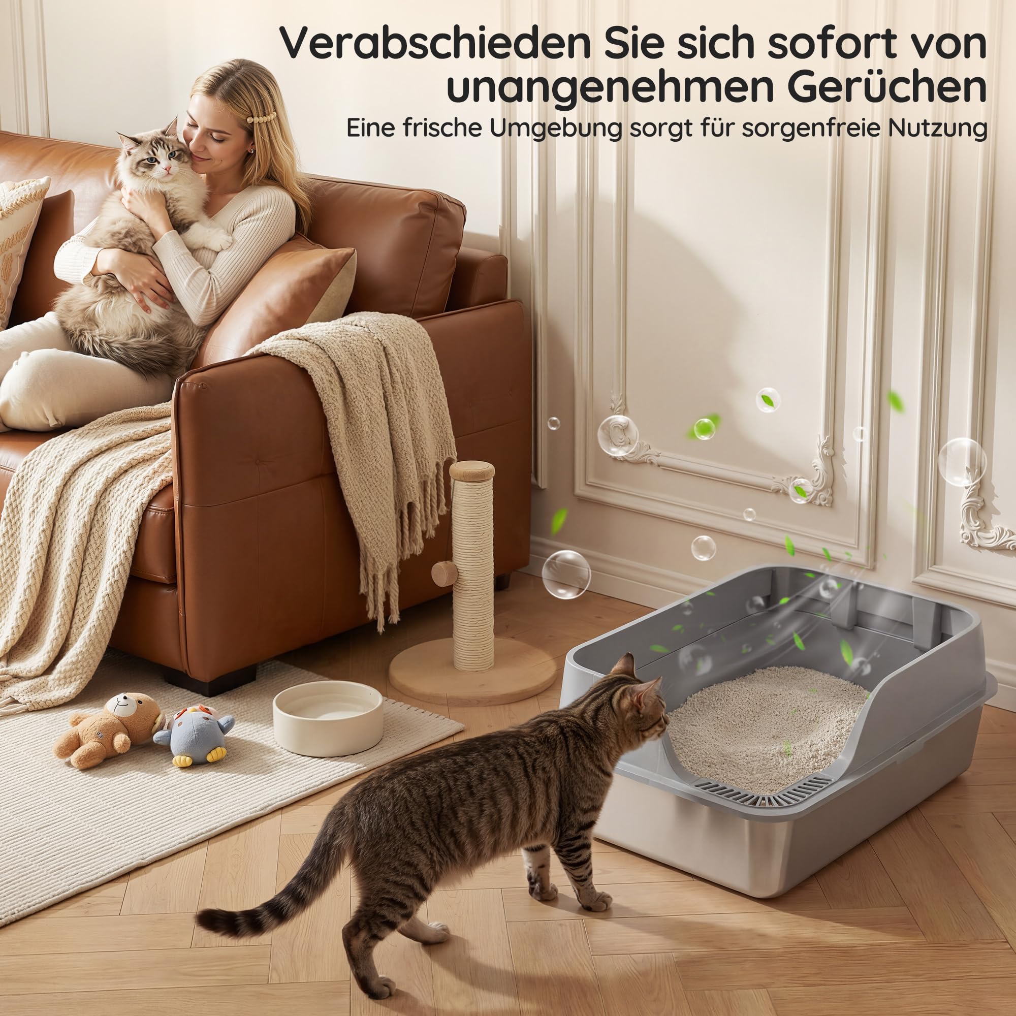 JUMMICO Katzenklo Edelstahl, XXL Katzentoilette aus Edelstahl, Katzenklo mit Schaufel und Matte, erhöhtem Rand, offen, leicht zu reinigen