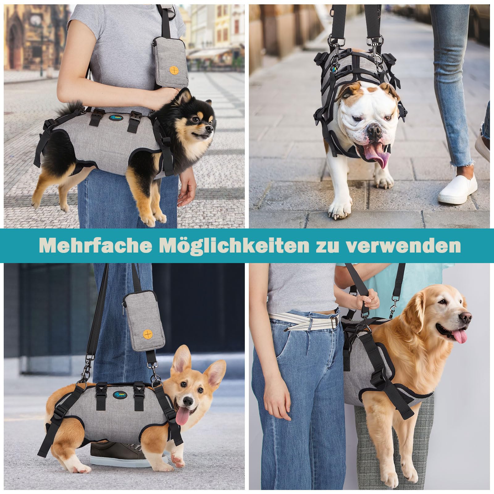 Ownpets Tragehilfe Geschirr, Hebegeschirr für kleine Hunde, Tragtuch für Haustier, Ganzkörpergeschirr, Hunde Tragetasche mit Schultergurt, Weich, Wasserdicht, Einstellbar, M