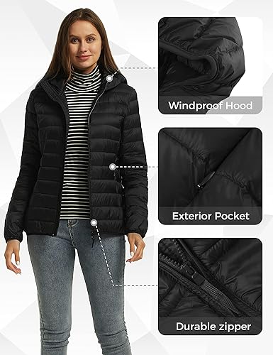 Vista 6 de Wantdo - Chaqueta de plumón con capucha para mujer, corta, ultraligera y plegable