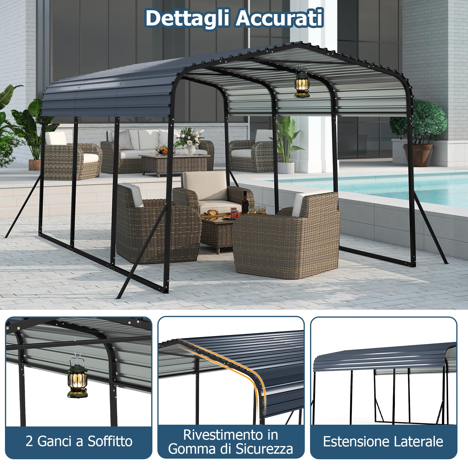 COSTWAY Tenda da Garage 440 x 300 cm, Tettoia per Auto in Metallo con Base Rinforzata e 4 Gambe Inclinate Aiiunte, Gazebo da Esterno per SUV, Feste e Barbecue