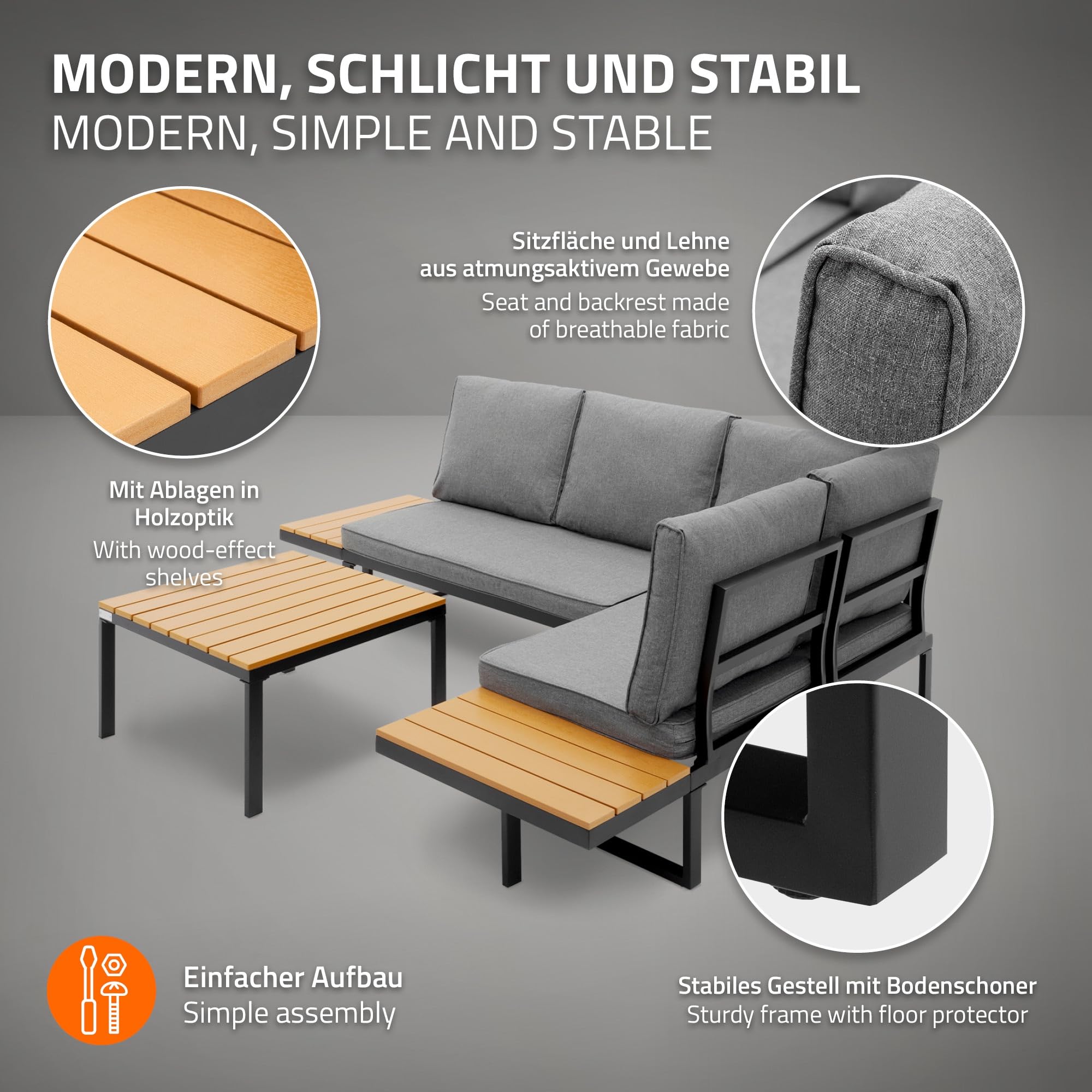ML-Design Set Mobili da Giardino Grigio Effetto Legno 3 Pezzi con Tavolino e Cuscini, Divano Angolare per Terrazza e Balcone, Sedute Combinabili Resistenti alle Intemperie, Arredo Lounge Esterno