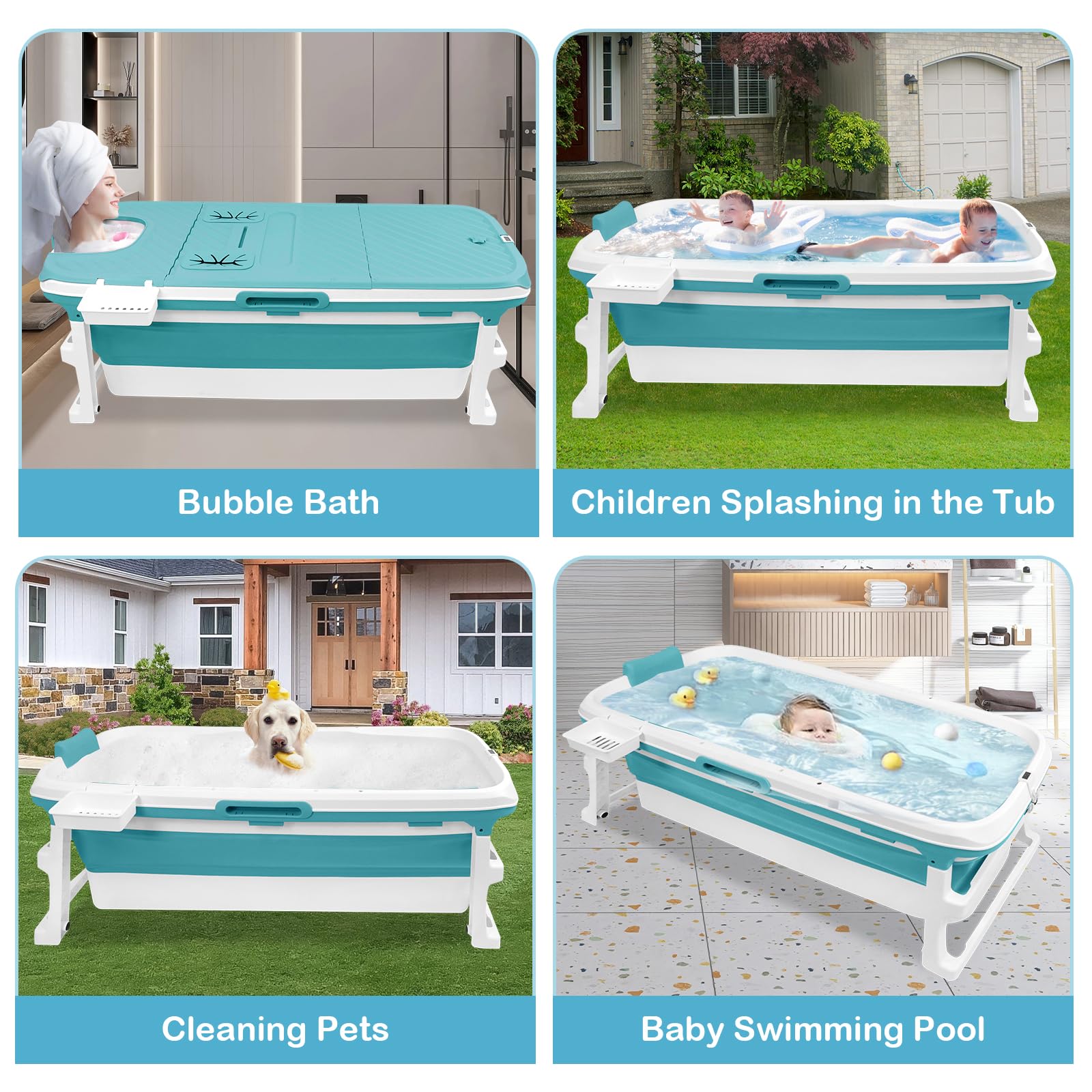 Baignoire Pliable pour Adulte - 132 x 64 x 54 cm - Mobile Avec Couvercle - Panier à Savon Portable - Roulettes de Massage - Idéal pour Petites Salles de Bains