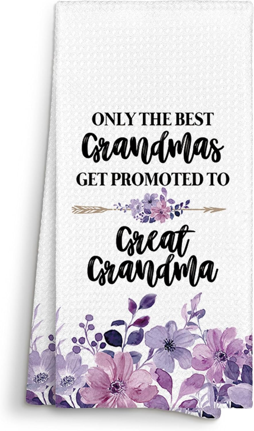 Great Grandma Baby Pregnancy Announcement Gifts Kitchen Towel, Only the Best Grandma Get Promoted to Great Grandma Dish Cloths, Purple Floral Bathroom Decor Hand Towel 16x24
