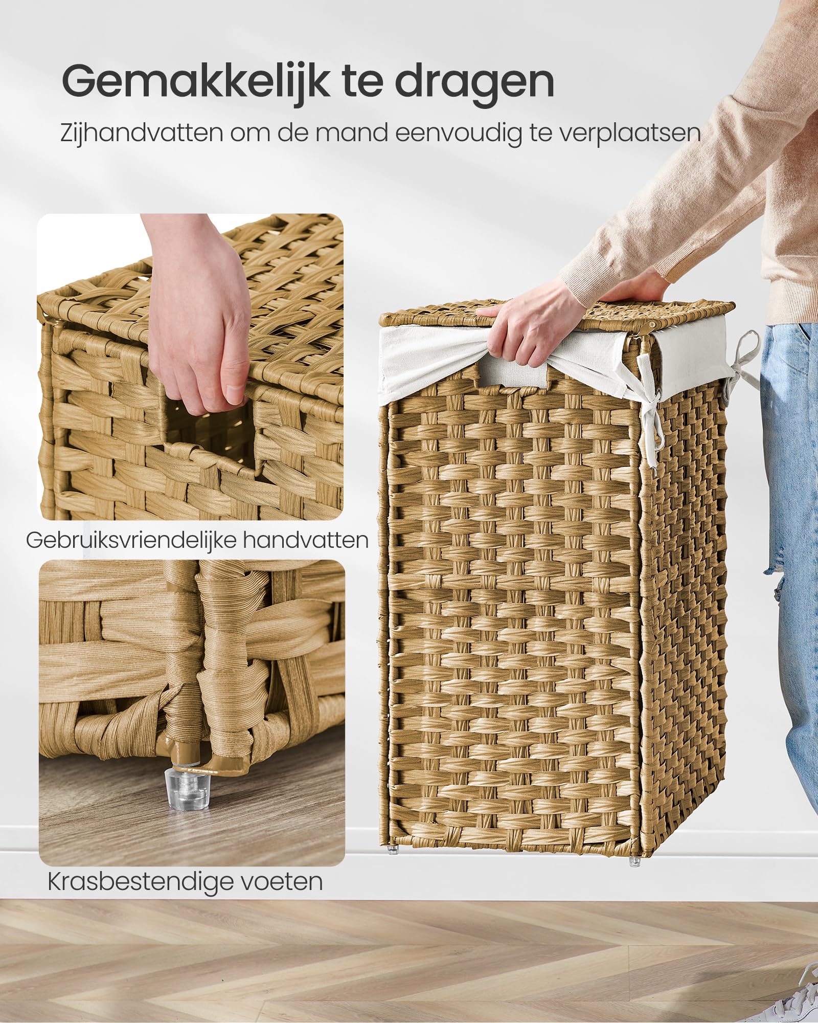 SONGMICS Handgeweven wasmand, 90 liter, synthetische rotan, wasmand met deksel en handgrepen, opvouwbaar, verwijderbare voeringzak, natuurlijke ULCB51NL