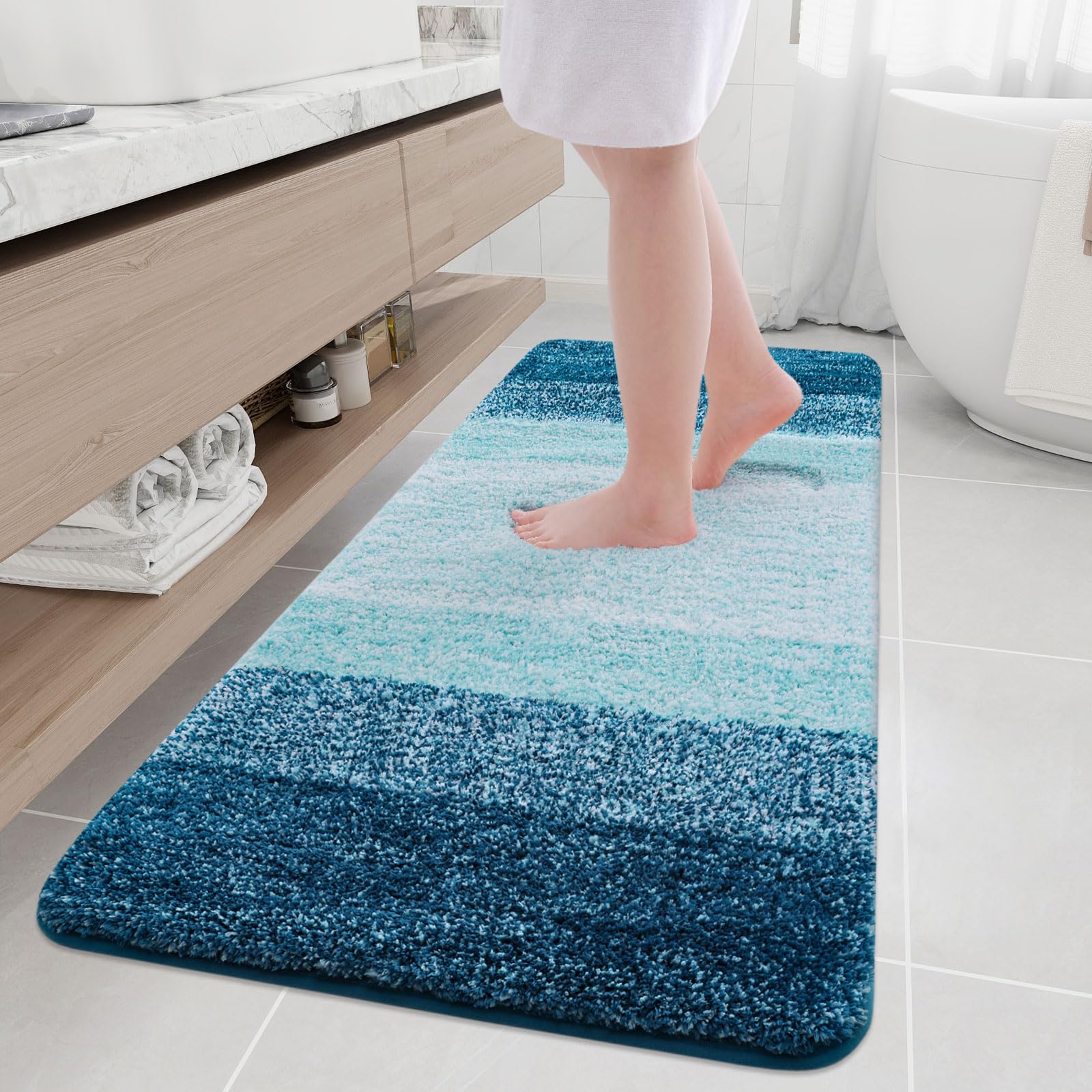 Arotive Microfiber Bathroom Rugs, Shaggy Soft and Absorbent Bath Rug, Non-Slip, Thick Plush Machine Washable Dry Bath Mats for Bathroom, Tub and Shower, 2'x5'10" (24"x70"), Peacock Blue