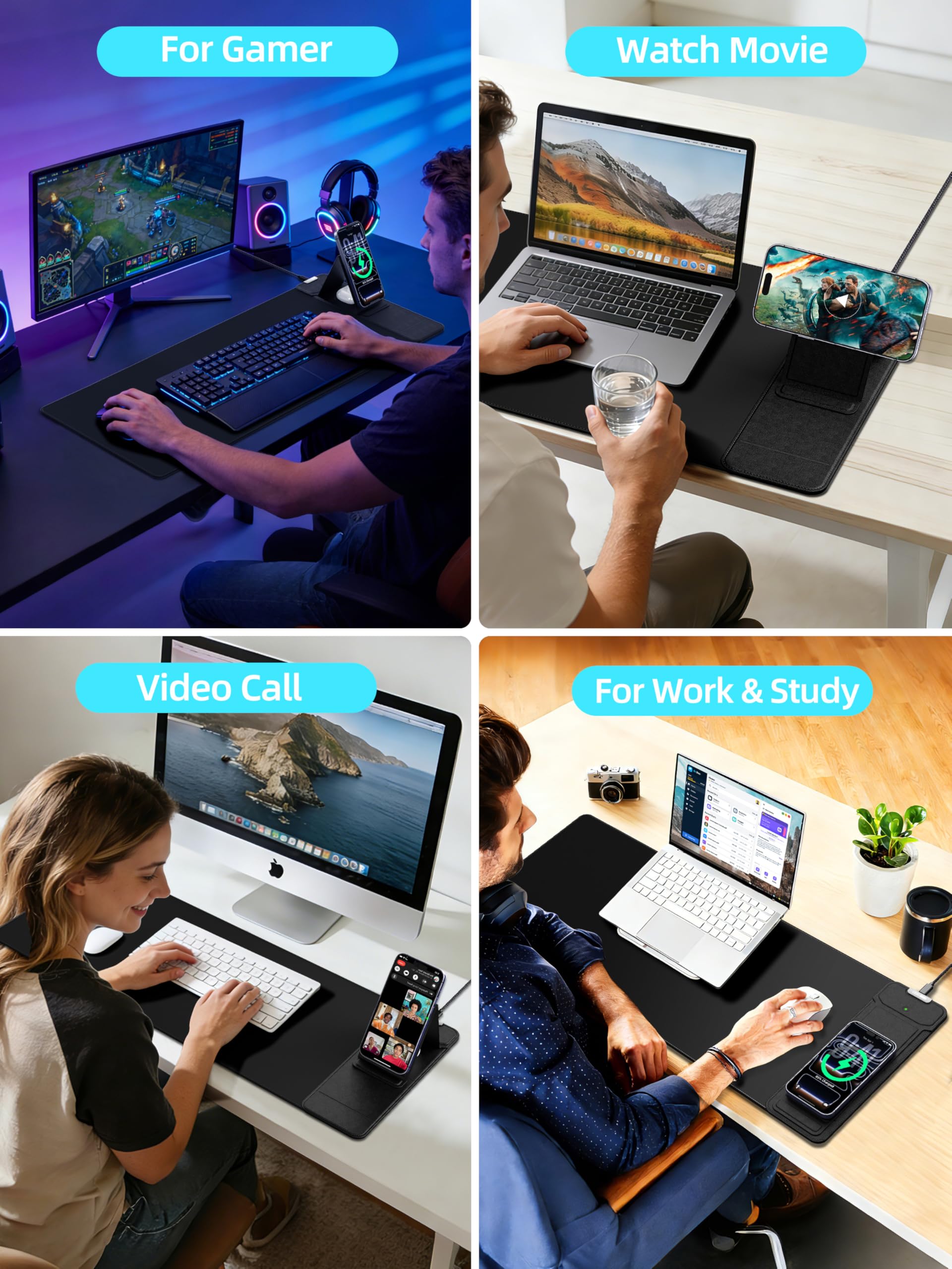 Tappetino per mouse con caricabatterie wireless magnetico e supporto regolabile per telefono, tappetino da scrivania esteso da 70 x 30 cm, tappetino per tastiera impermeabile ultra liscio, base