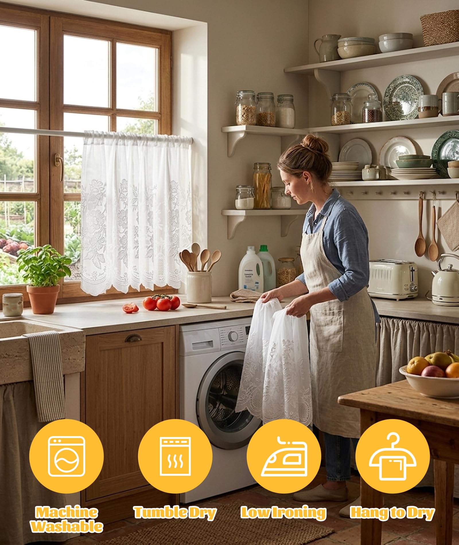 Kitchen Curtains, Kitchen Curtains for Open Kitchen, Flower Design Sheer Curtain for Window Privacy and Light Control, Embroidered Kitchen Window Valance 132x46cm 3