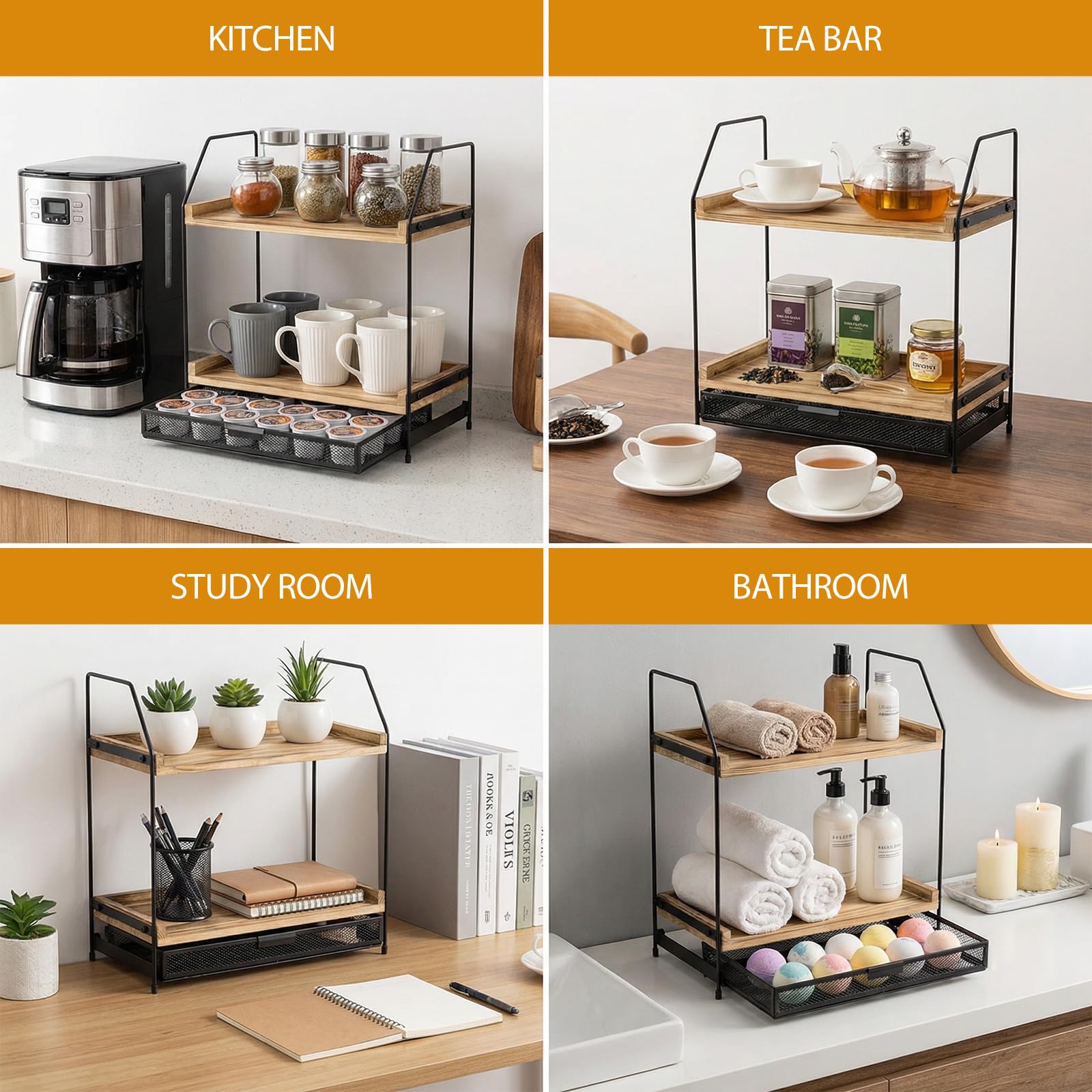 Organizador de estación de café para encimera, organizador de accesorios de barra de café de madera de 2 niveles con caja de almacenamiento, estante grande de encimera de cocina para jarabe de café