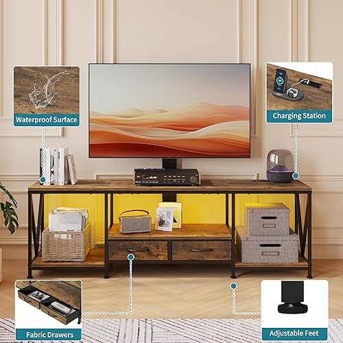 Miniatura 6 de 63" W TV Stand with Mount for 55,65,75" TV,Entertainment Center with Power Outlet&Led Lights,Height Adjustable TV Console Table with Open Storage