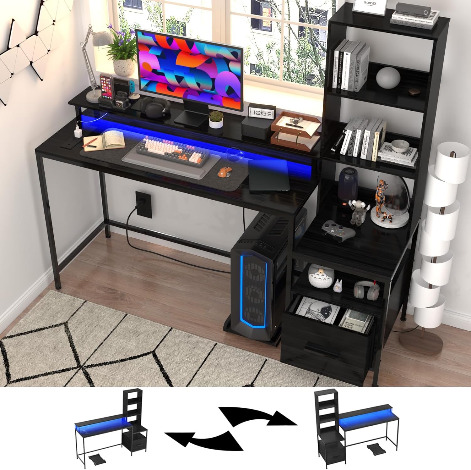 Black Gaming Desk with File Drawers, Computer Desk with Power Outlet