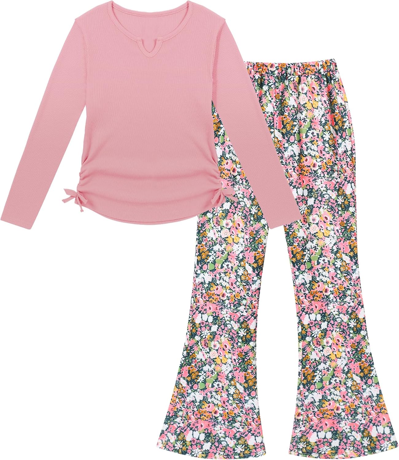 Crazyme Girls Clothes Long Sleeve Pure T-Shirt and Bell Bottom Pants 2 Pieces Fall Winter Clothes for Teen Girls 6-14