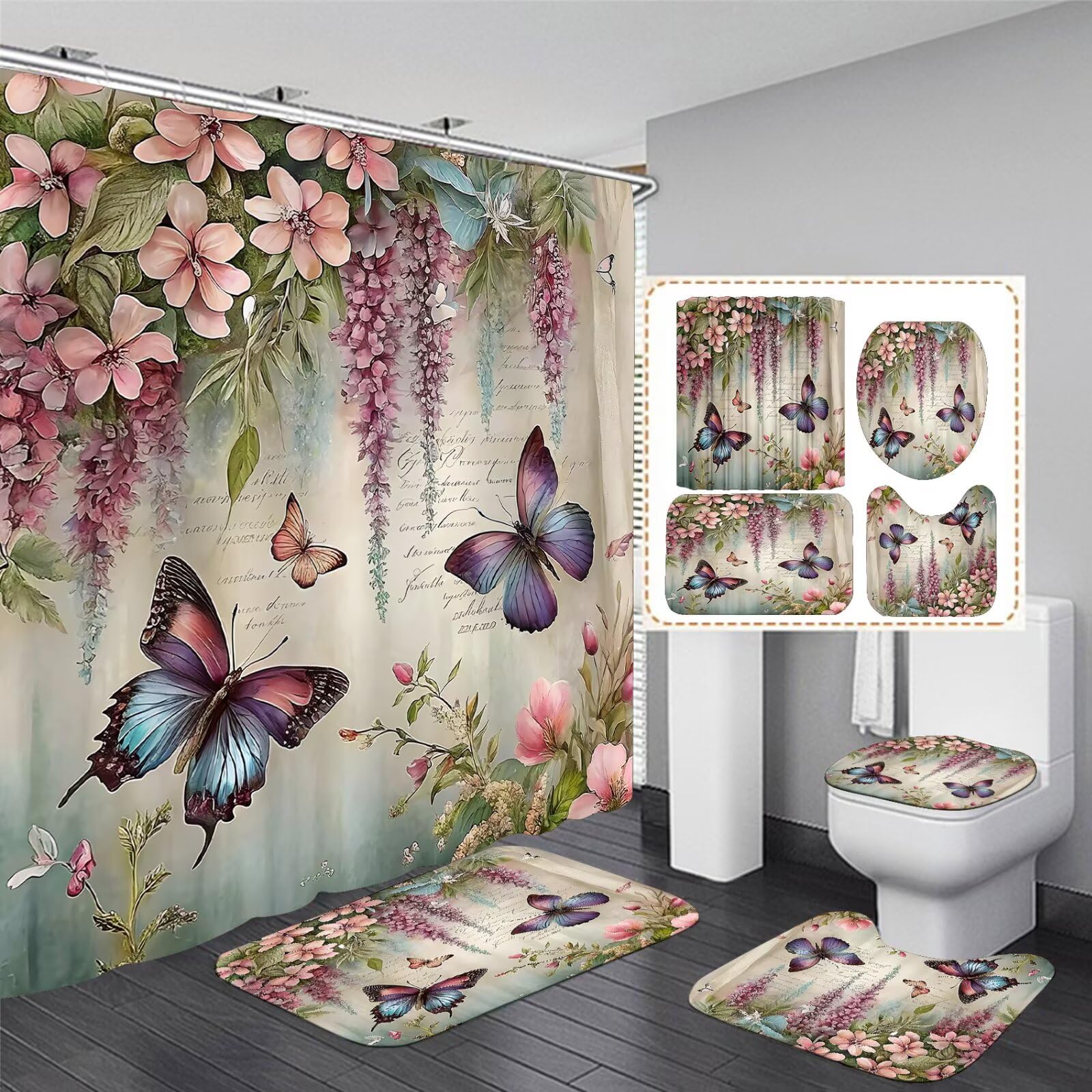 ZLQQ 4Pcs Spring Themed Shower Curtain Set with Rugs Vintage Butterflies Bathroom Sets Floral Shower Curtain with 12 Hooks Bathroom Decor with Rugs Bath Accessories with Mats Toilet Lid Cover