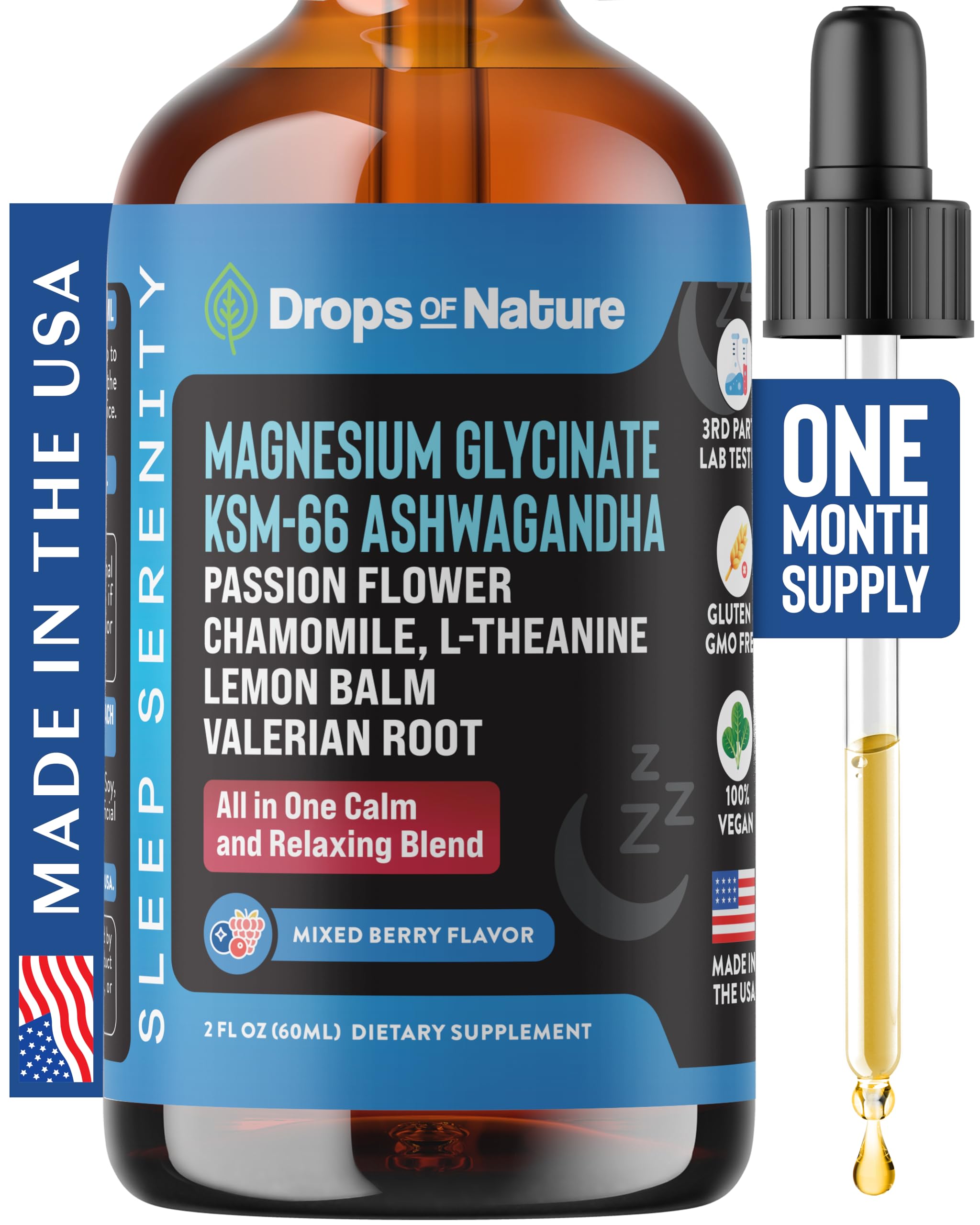 Magnesium Glycinate & Ashwagandha Liquid Drops with Valerian Root, Chamomile, Passion Flower, Lemon Balm & L-Theanine - Vegan Fast Absorption - Supplement for Wellness & Relaxation (Mixed Berry, 60mL)