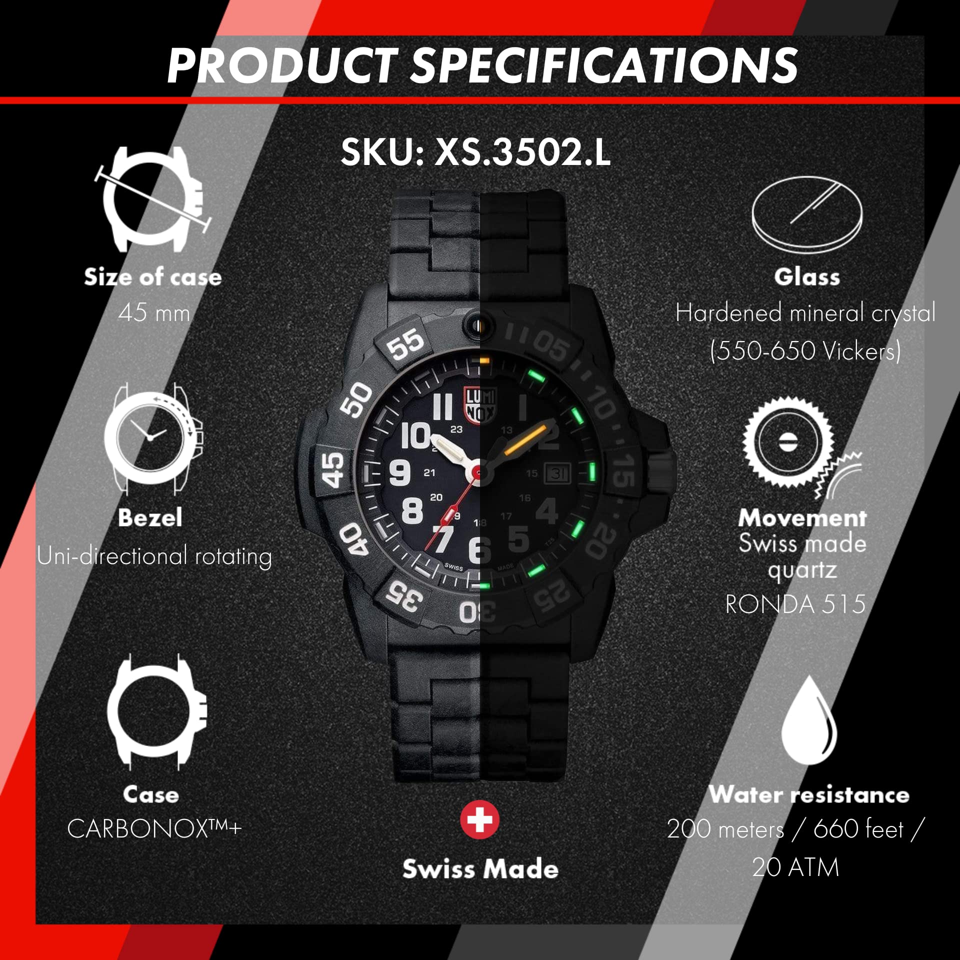 Luminox Navy Seal XS.3502.L męski zegarek 45 mm - wojskowy zegarek nurkowy w kolorze czarnym z funkcją daty 200 m wodoodporny, Czarny, Bransoletka