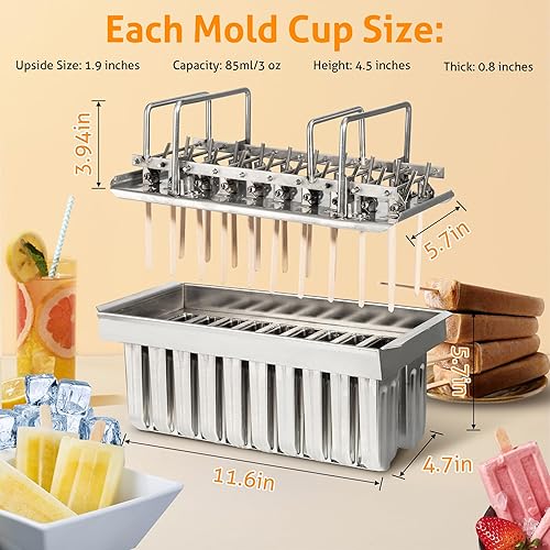 Miniatura 6 de WICHEMI Moldes de acero inoxidable para paletas de hielo, 20 moldes de metal para paletas de hielo, soporte para moldes con tapa (cabeza plana con