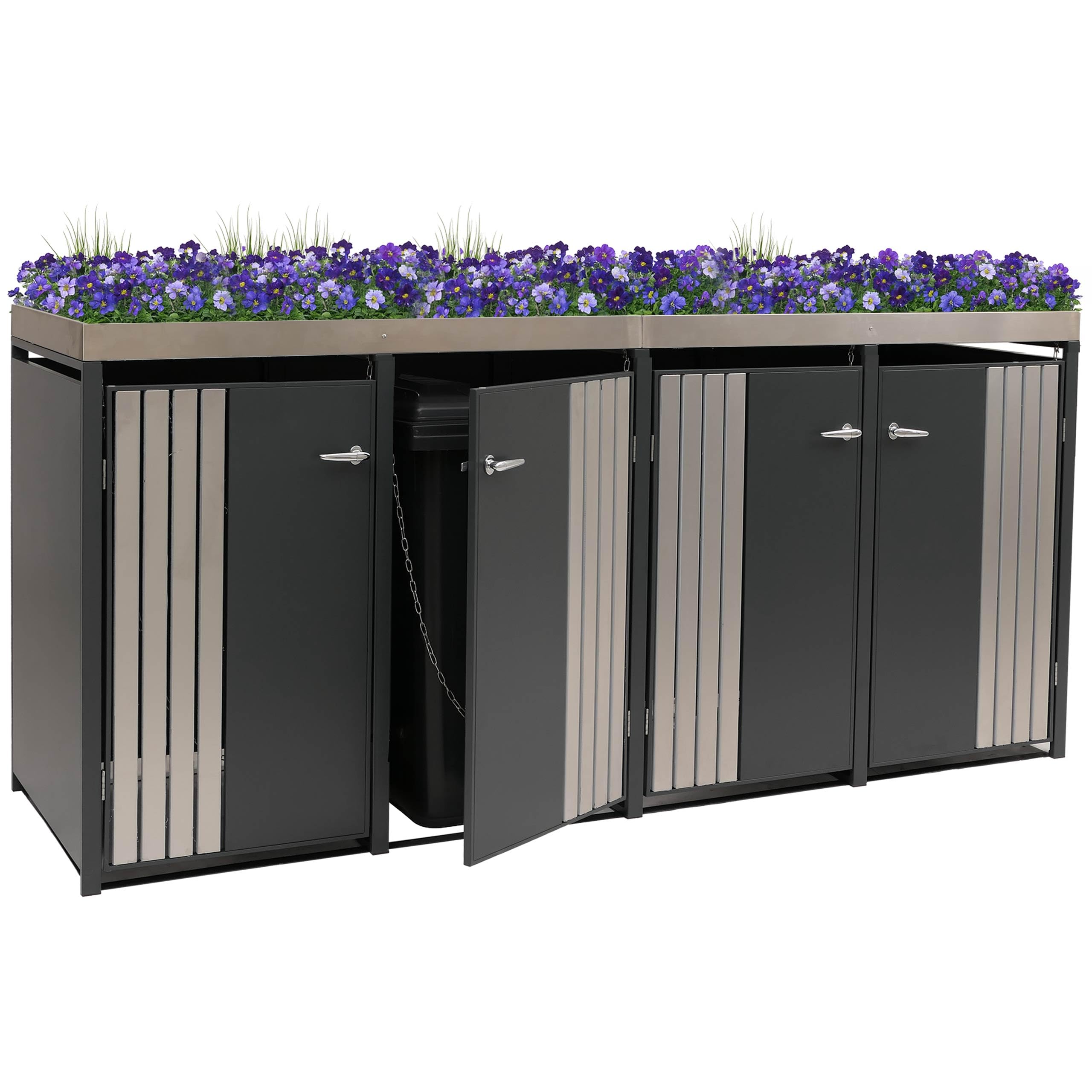 Mendler 4-częściowy pokrowiec na śmieci HWC-O67 – antracyt stal szlachetna | Pojemnik na śmieci, ze skrzynką na rośliny, metalowy, 125 x 260 x 84 cm, 95 kg