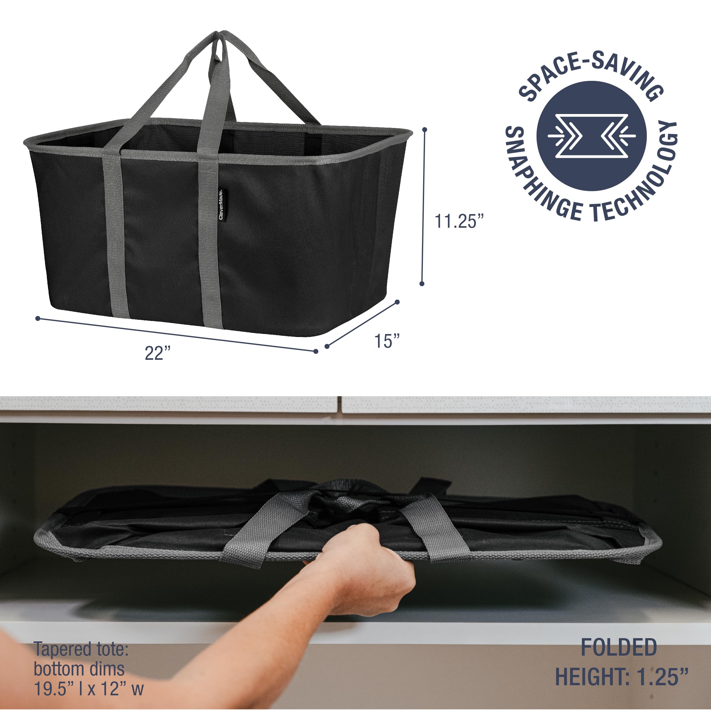 CleverMade Collapsible Laundry Tote - Midnight Black Shadow Gray 2-Pack 50L - Foldable Storage Organization Container for Clothes Laundry Room Storage