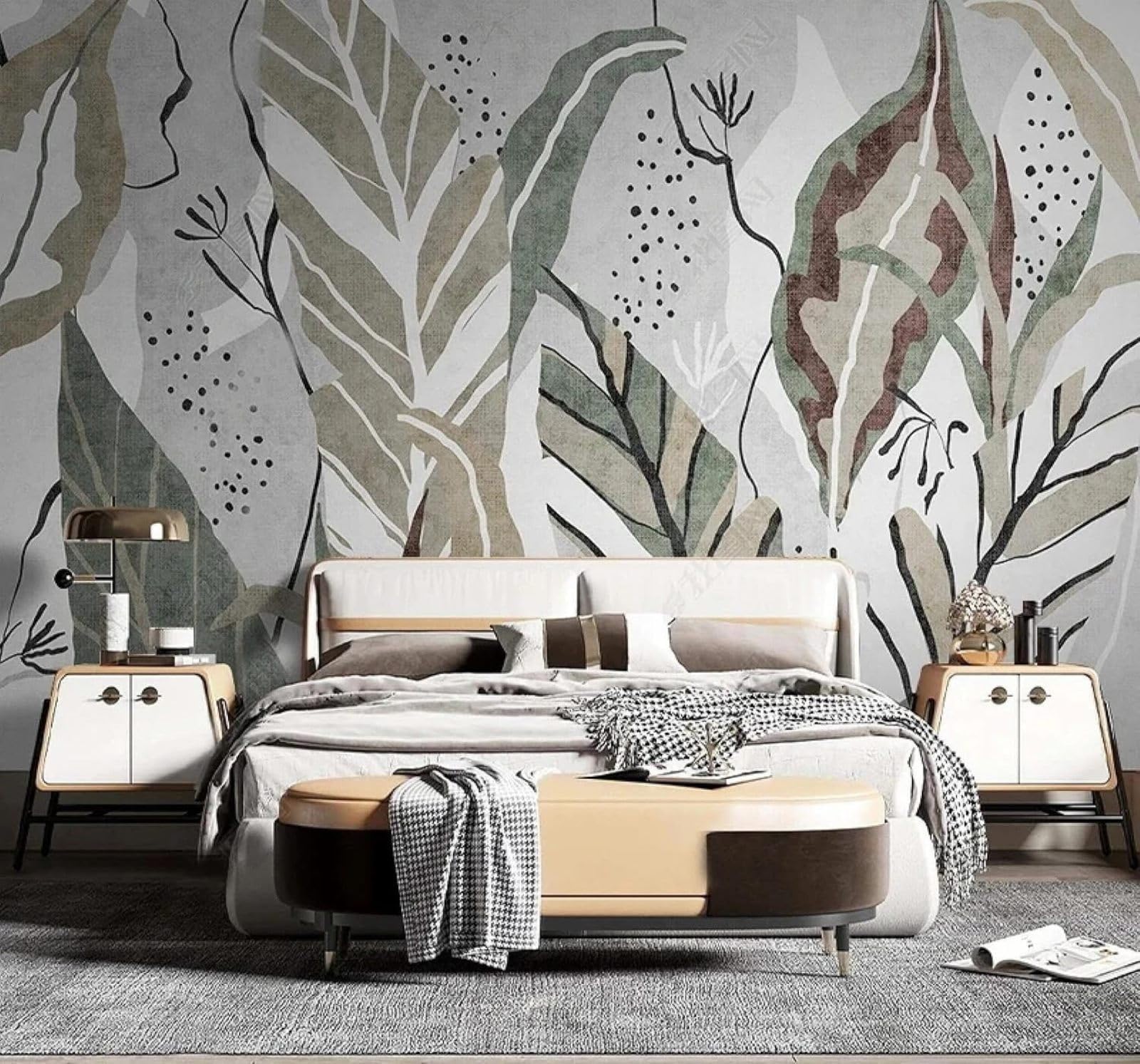 XLMING Retro Hand Drawn Plants Pastoral Leaves 3D Wallpaper Luxury Silk Study Dining Feature Sofa Grey Bedroom Living Room Tv Decorative Wall-150cm×105cm