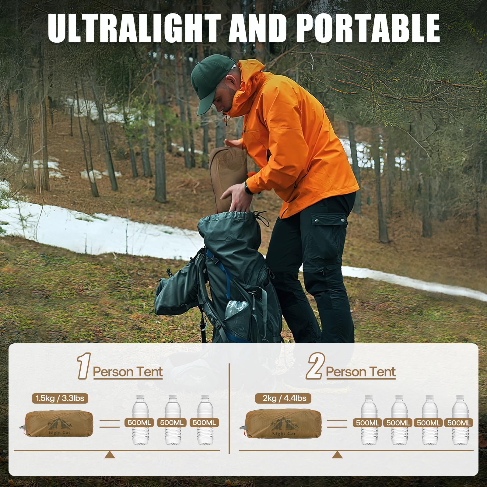 Night Cat Tunnelzelt 1 2 Personen Wasserdicht: Ultraleichtes Zelt Silnylon 15D 5000MM 1.5 KG für Fahrradtour Kleines Packmaß Trekking Camping