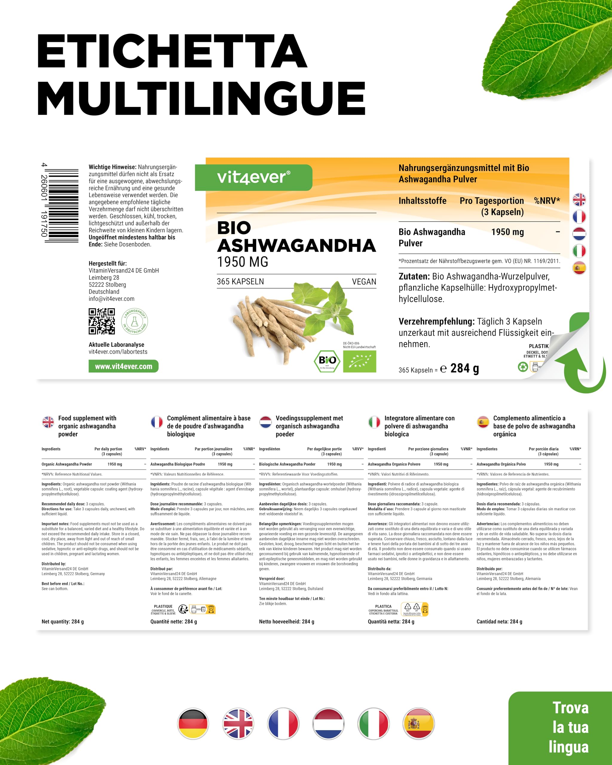vit4ever Original Organic Ashwagandha - 365 capsule - Dosaggio elevato con 1950 mg per dose giornaliera - Autentica bacca del sonno indiana - Testato in laboratorio - Vegan
