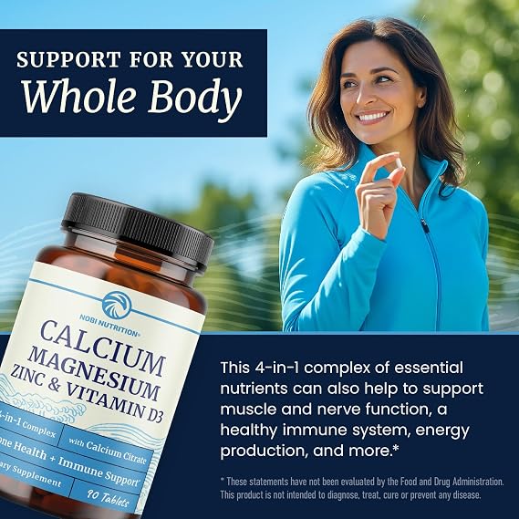 Calcium Magnesium Zinc D3 Supplement | Strong Bones, Healthy Teeth & Immune Support | Calcium Citrate Magnesium and Zinc with Vitamin D3 | 4-in-1 Cal Mag Supplement | 90 Tablets (1 Month Supply)
