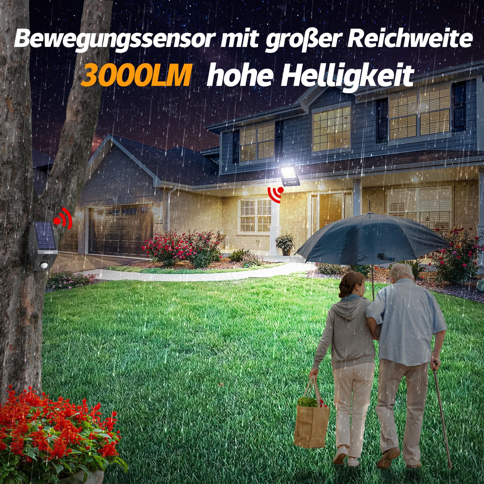 INTELAMP Solarlampen für außen mit Bewegungsmelder,12000mAh 3000LM | Superhell Solarleuchten mit Fernbedienung , Intelligente Lichtvernetzung, Straßenlampe für Garten, Garage und Hinterhof