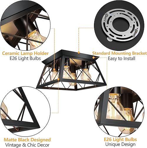 Miniatura 4 de FadimiKoo Lámpara de techo empotrada negra de 4 luces para cocina, pasillo, iluminación industrial cercana al techo, lámpara de jaula cuadrada de