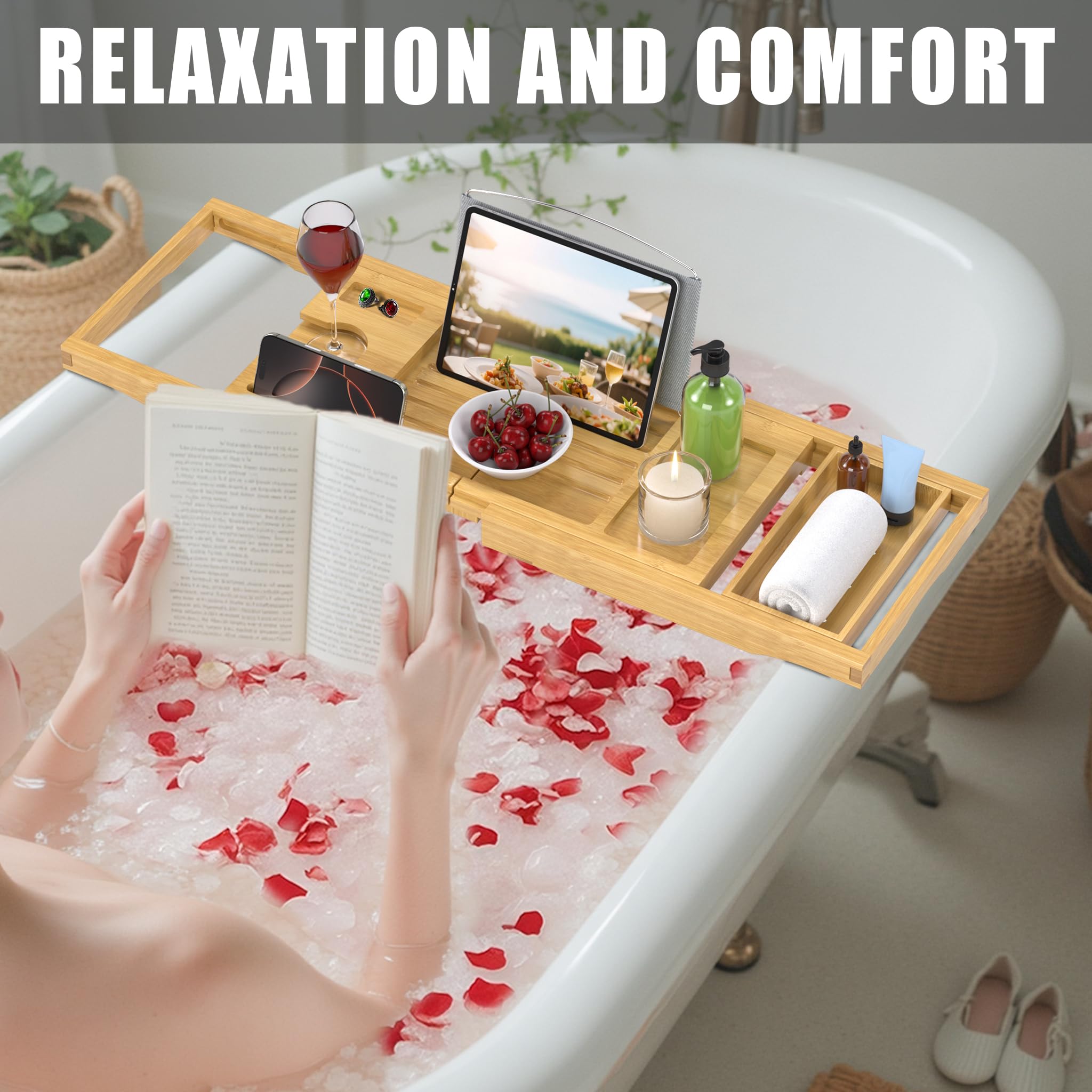 Plateau de baignoire pliable pour baignoire, plateau de table de bain extensible, accessoires de salle de bain de qualité supérieure pour nouvelle maison, fête des mères et cadeaux d'anniversaire pour