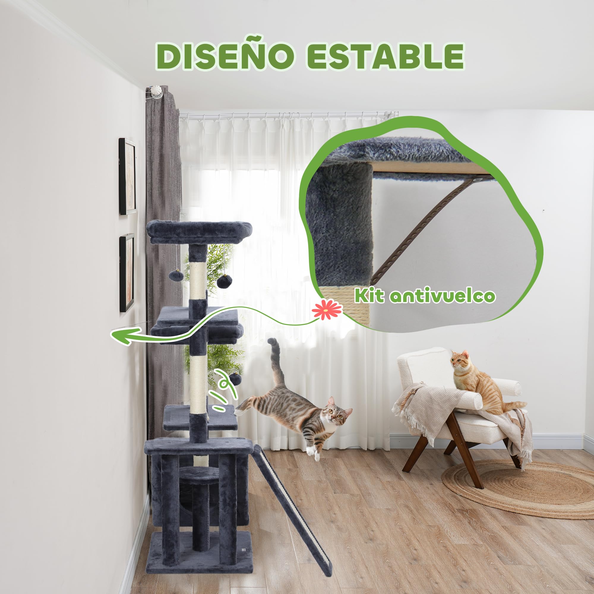 PawHut Árbol Rascador para Gatos 134 cm, Torre para Gatos Gris Oscuro | Rascador con Nidos Cueva, Plataformas, Bolas de Juguete, Postes de Sisal