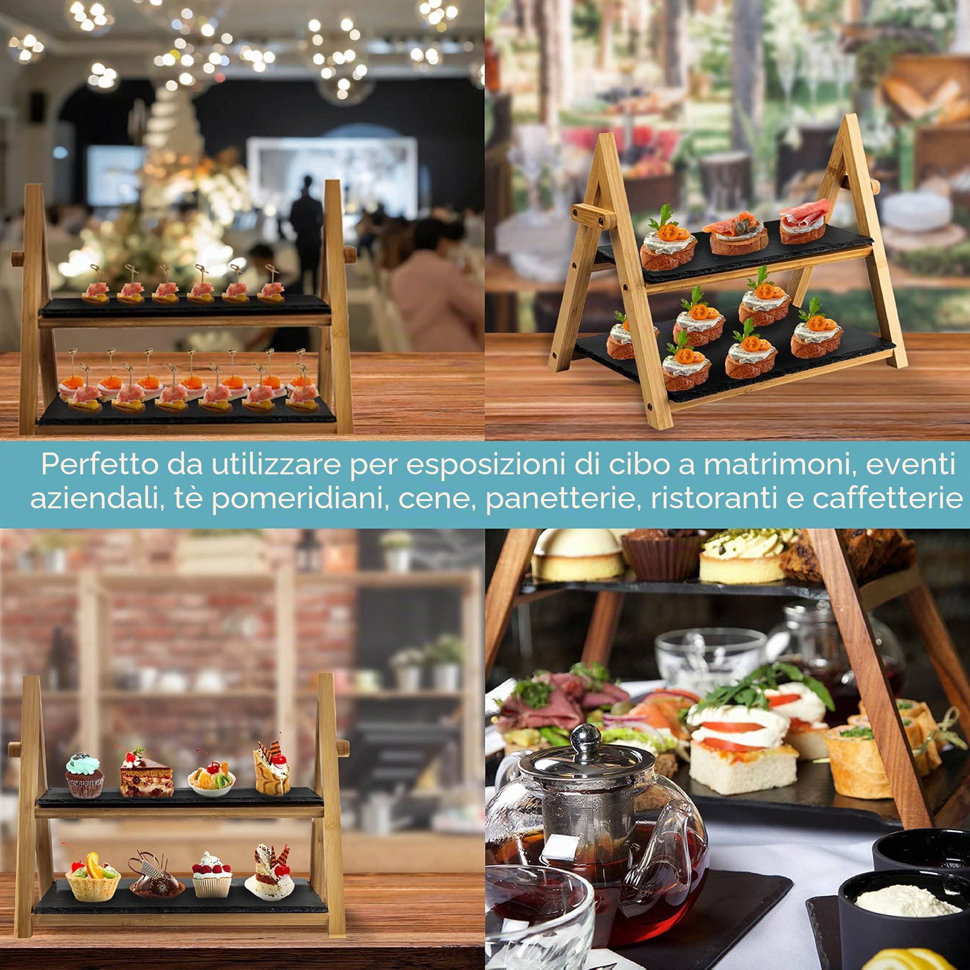 HEFTMAN Alzata per Dolci a 2 Livelli in Ardesia - Pieghevole, Rustico Alzate per Buffet per tè Pomeridiano, Dessert, Torte, Formaggio, Tapas, Carni - Nera/Di Legno Tagliere Aperitivo (32 cm x 41 cm)