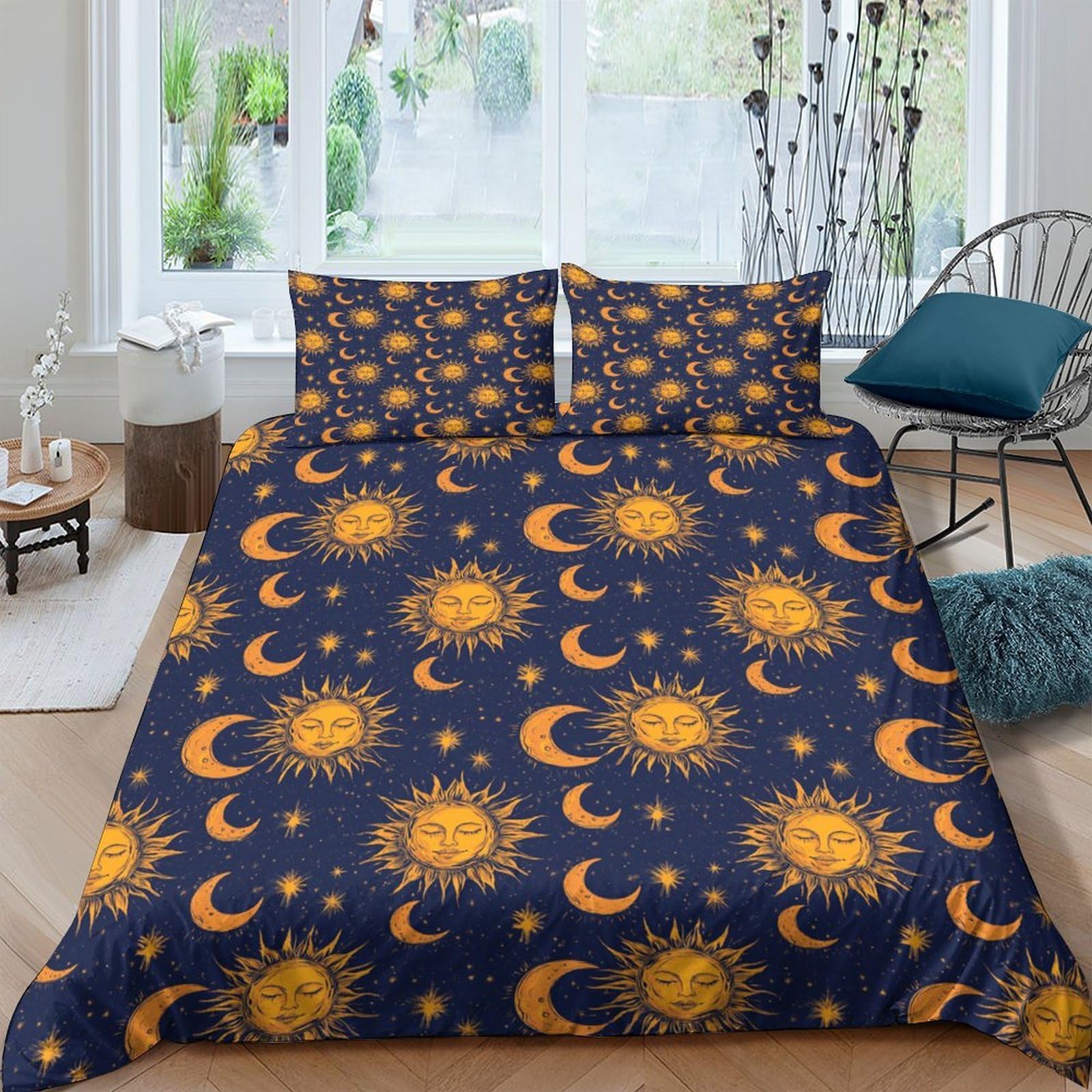 TUFRTGYHN 3D Printed Sun Moon Pattern Duvet Cover Set Microfiber Soft Breathable Celestial Bedding Set with 2 Pillowcases for Bedroom Home Decor Single（135x200cm）